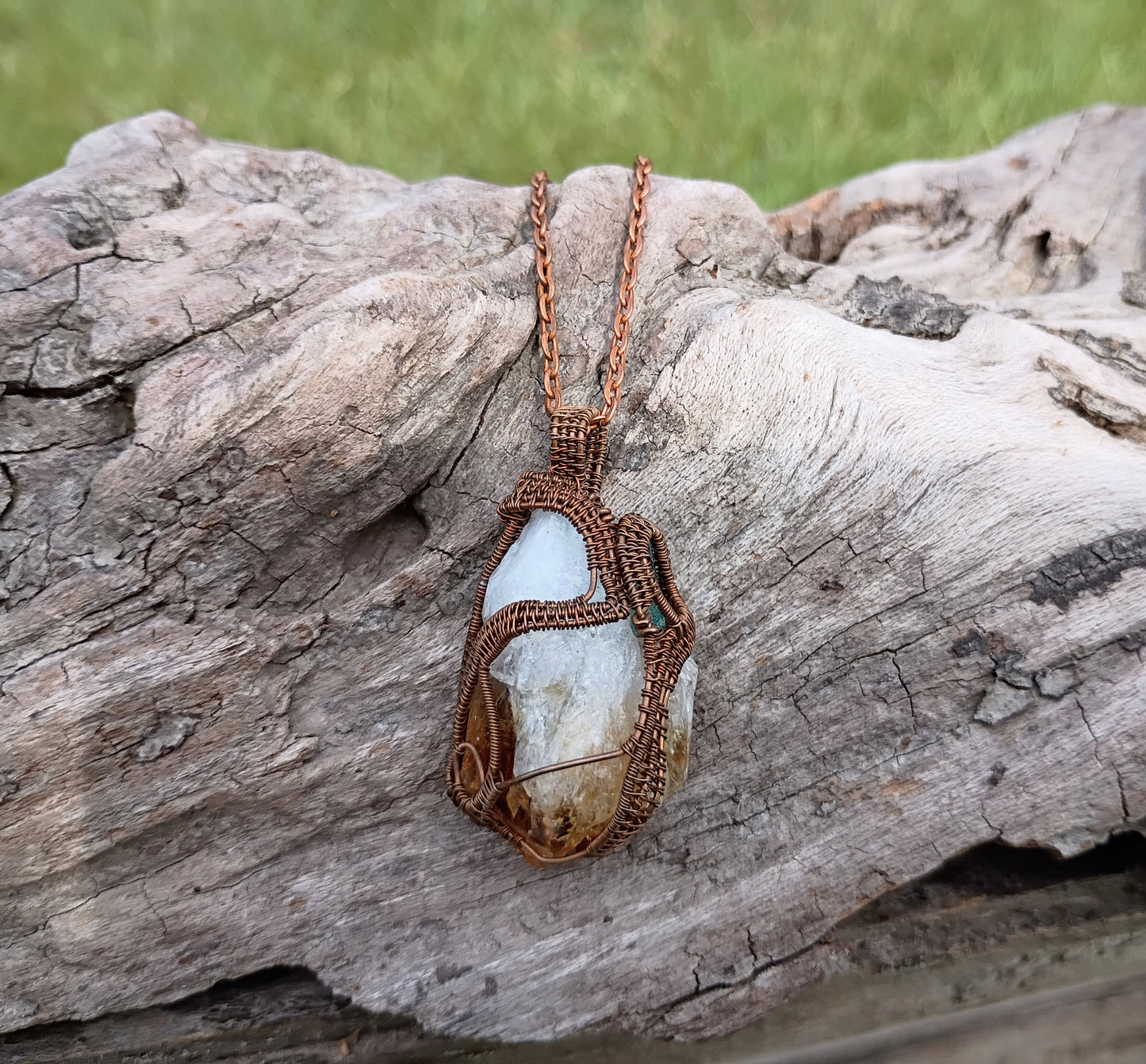 Citrine and watermelon tourmaline wire wrapped pendant