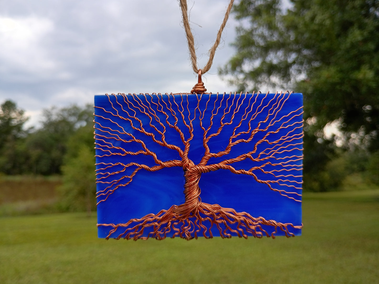 Blue stained glass tree of life suncatcher