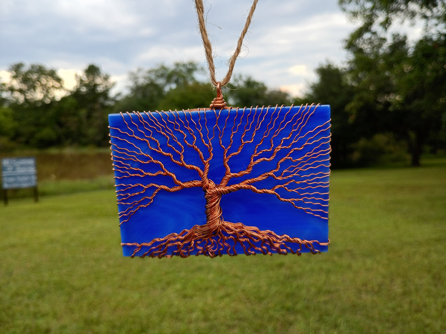 Blue stained glass tree of life suncatcher