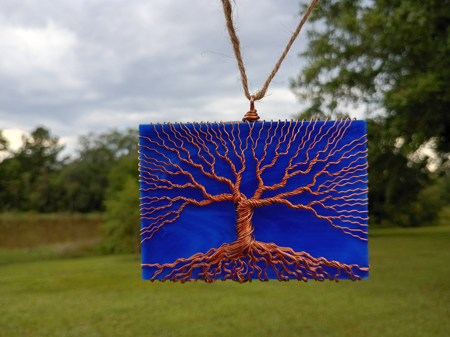 Blue stained glass tree of life suncatcher