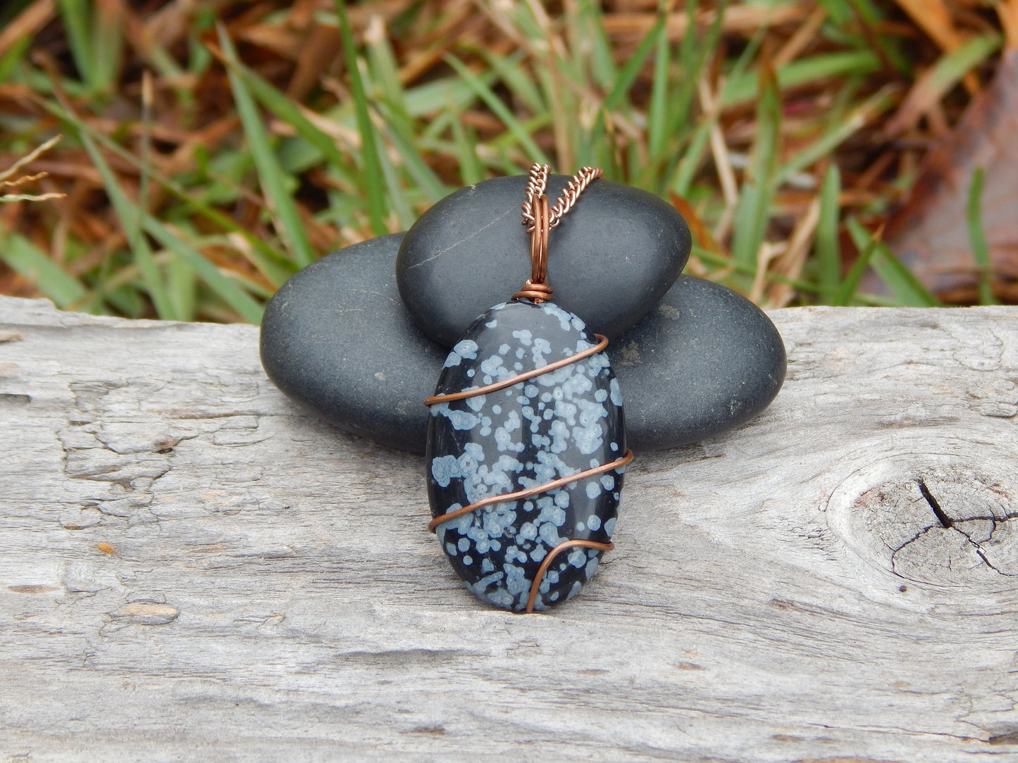 Snowflake obsidian wire wrapped pendant