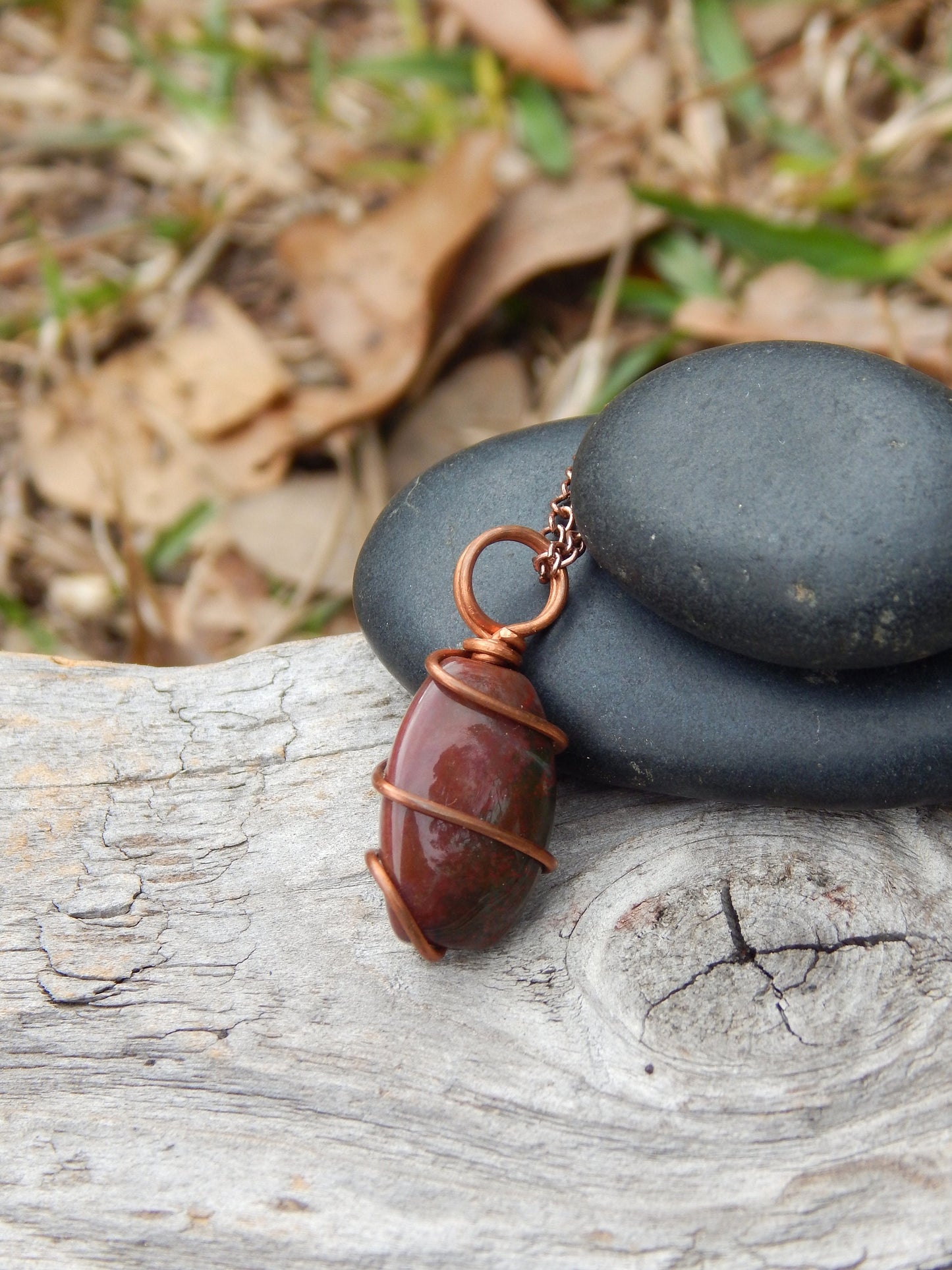 Earthy bloodstone jasper wire wrap pendant