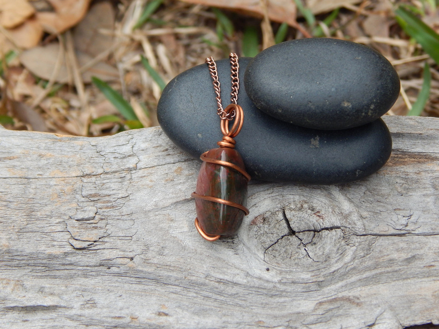 Earthy bloodstone jasper wire wrap pendant