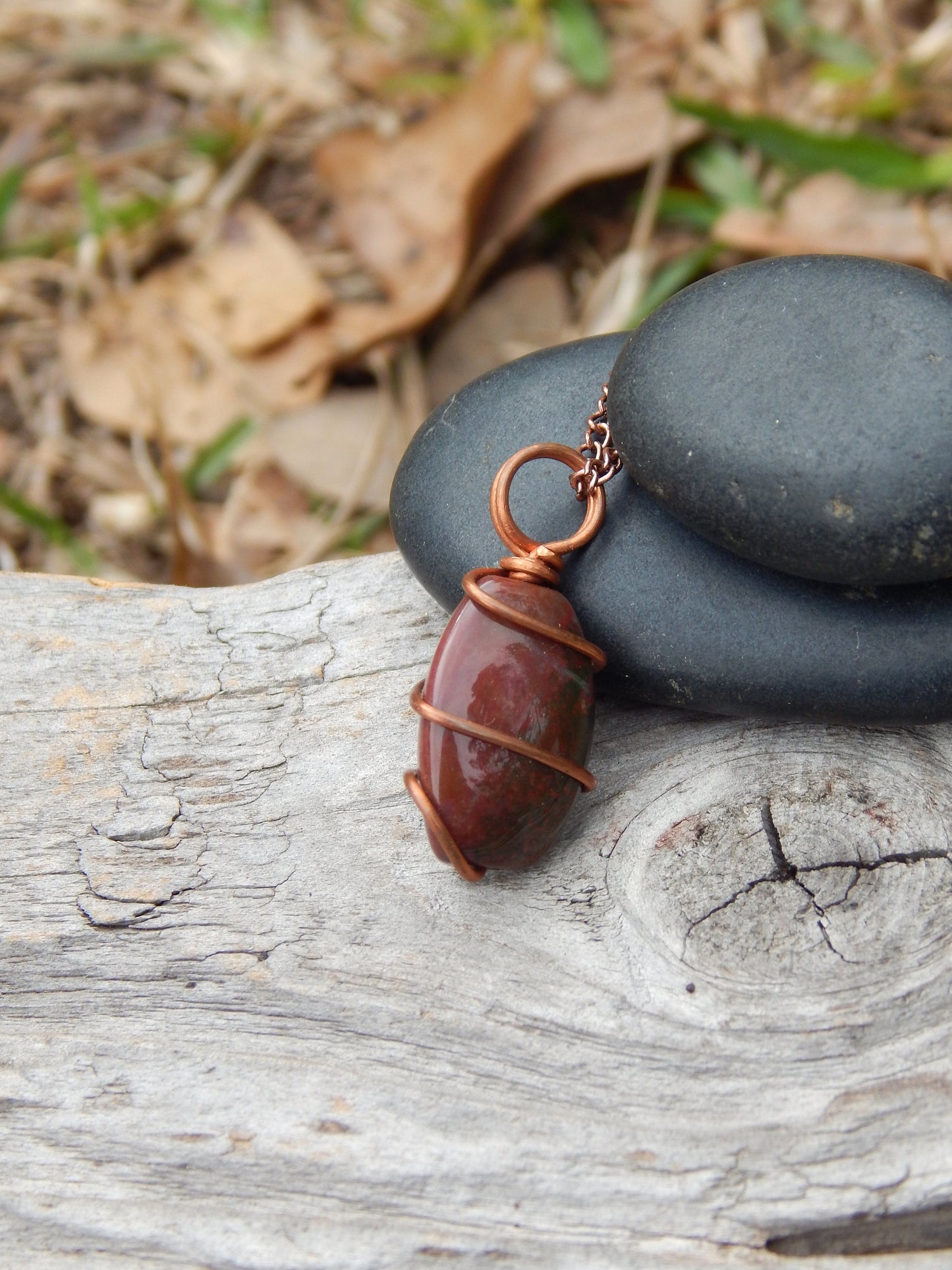 Earthy bloodstone jasper wire wrap pendant