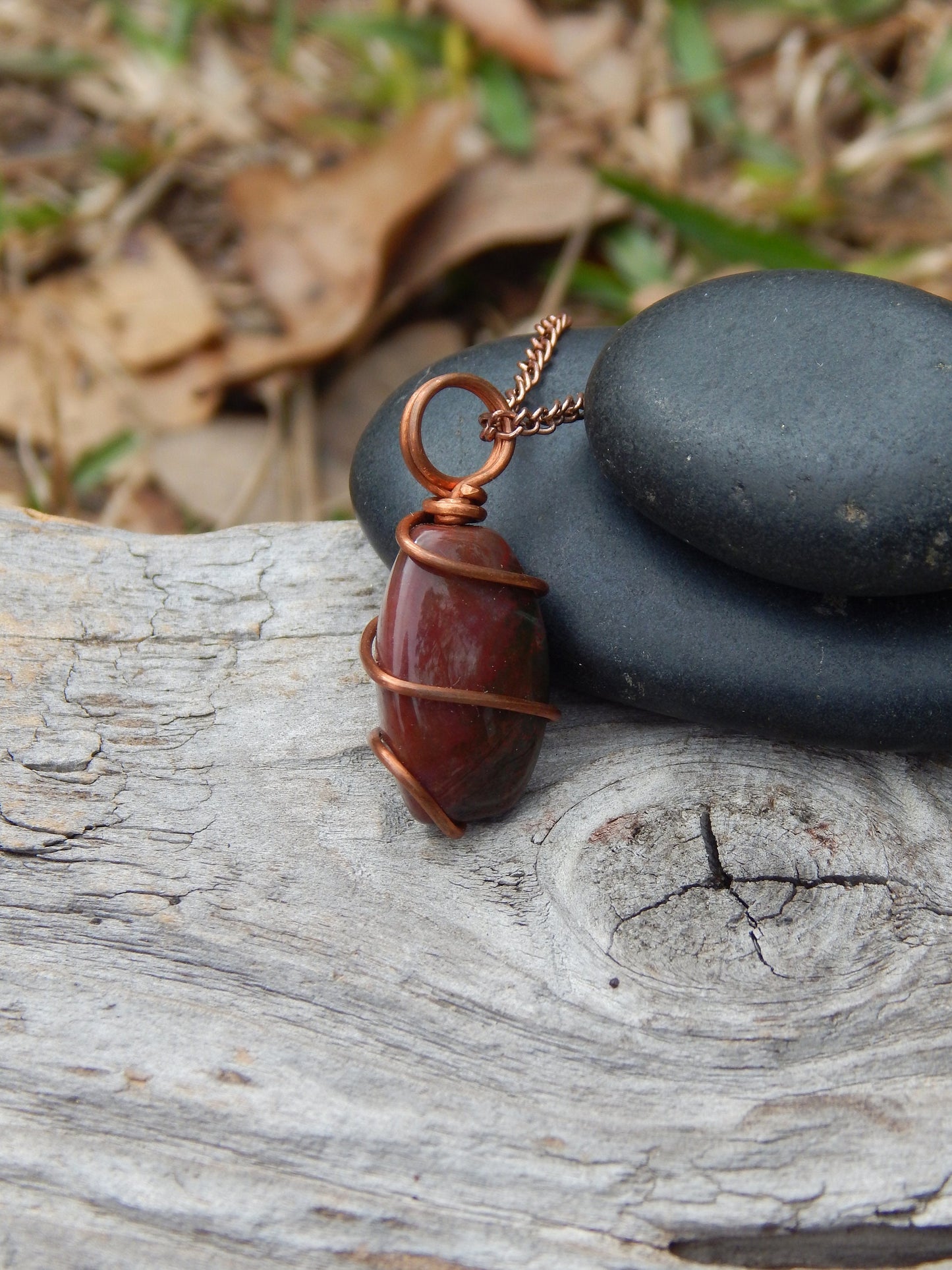 Earthy bloodstone jasper wire wrap pendant