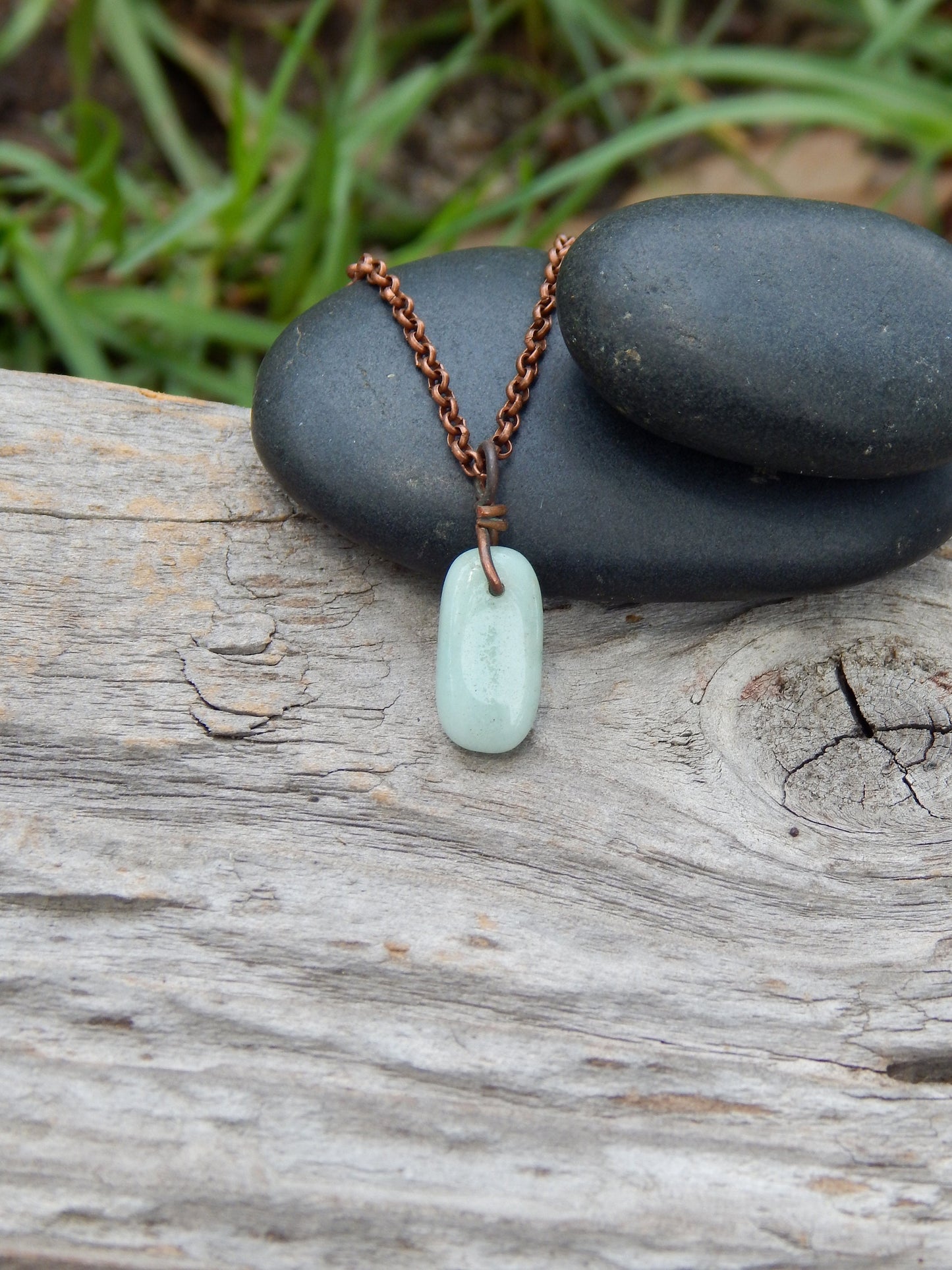 Dainty amazonite wire wrap pendant