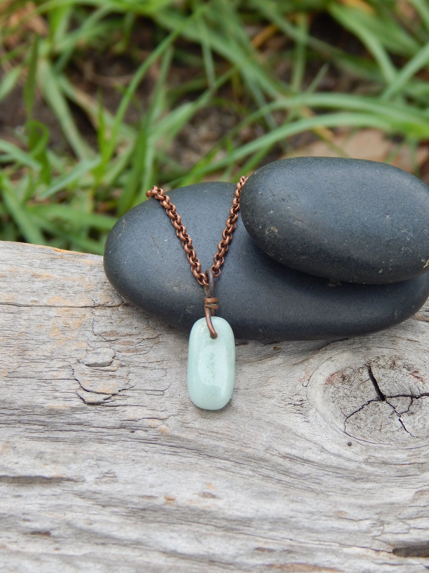 Dainty amazonite wire wrap pendant