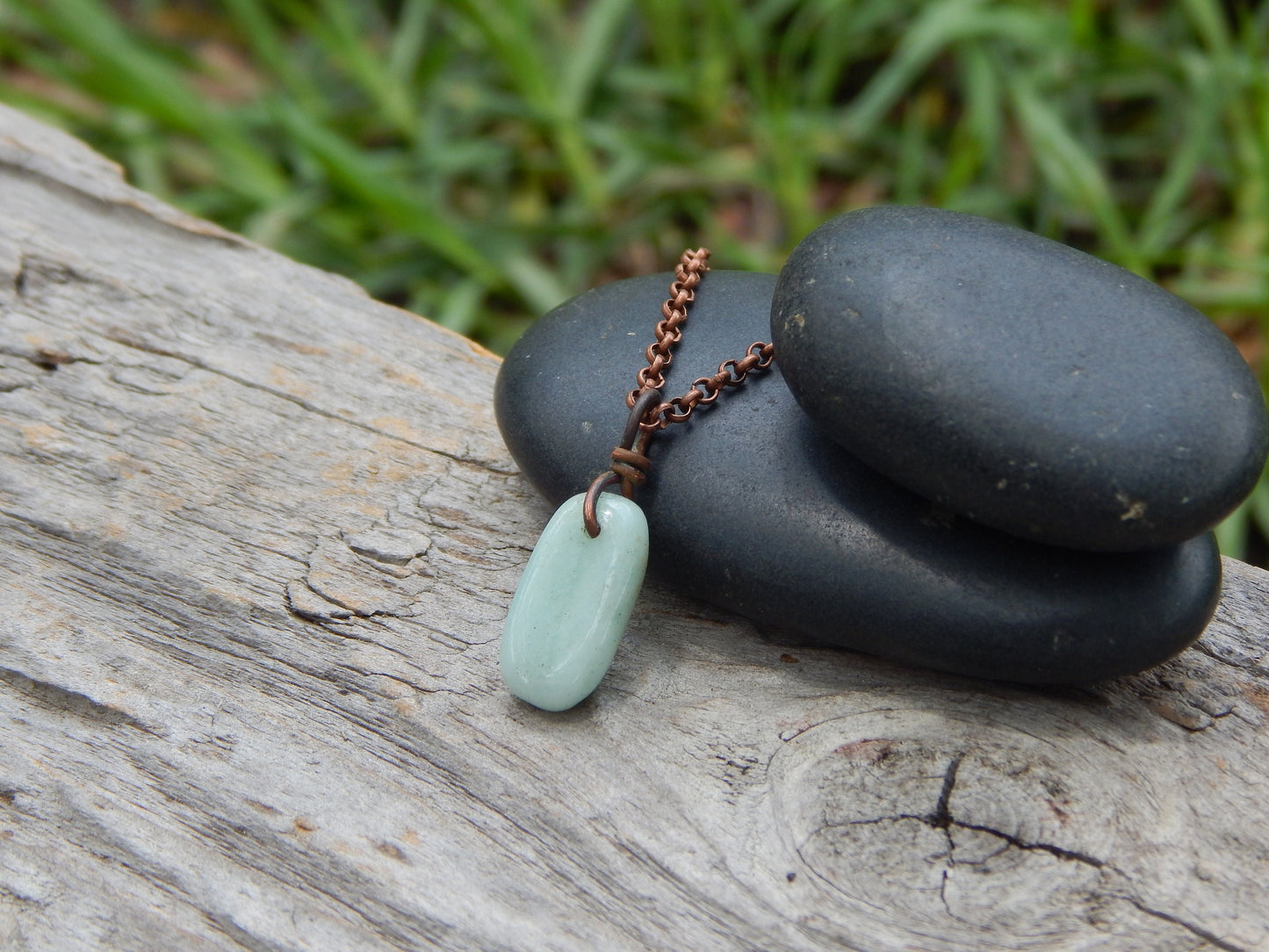 Dainty amazonite wire wrap pendant
