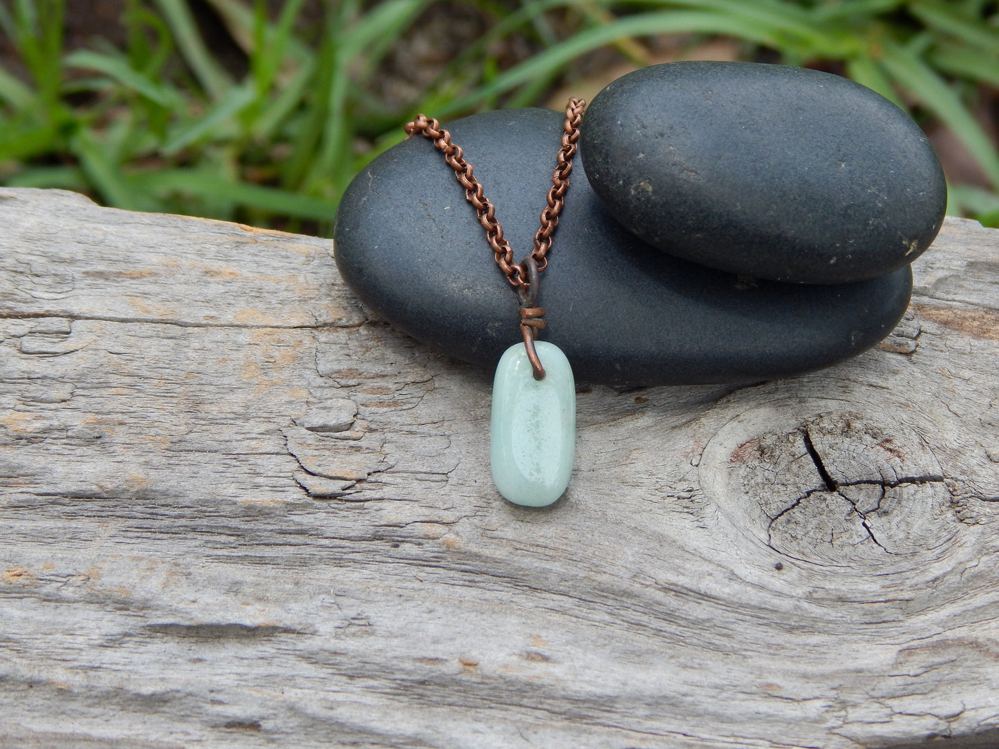 Dainty amazonite wire wrap pendant