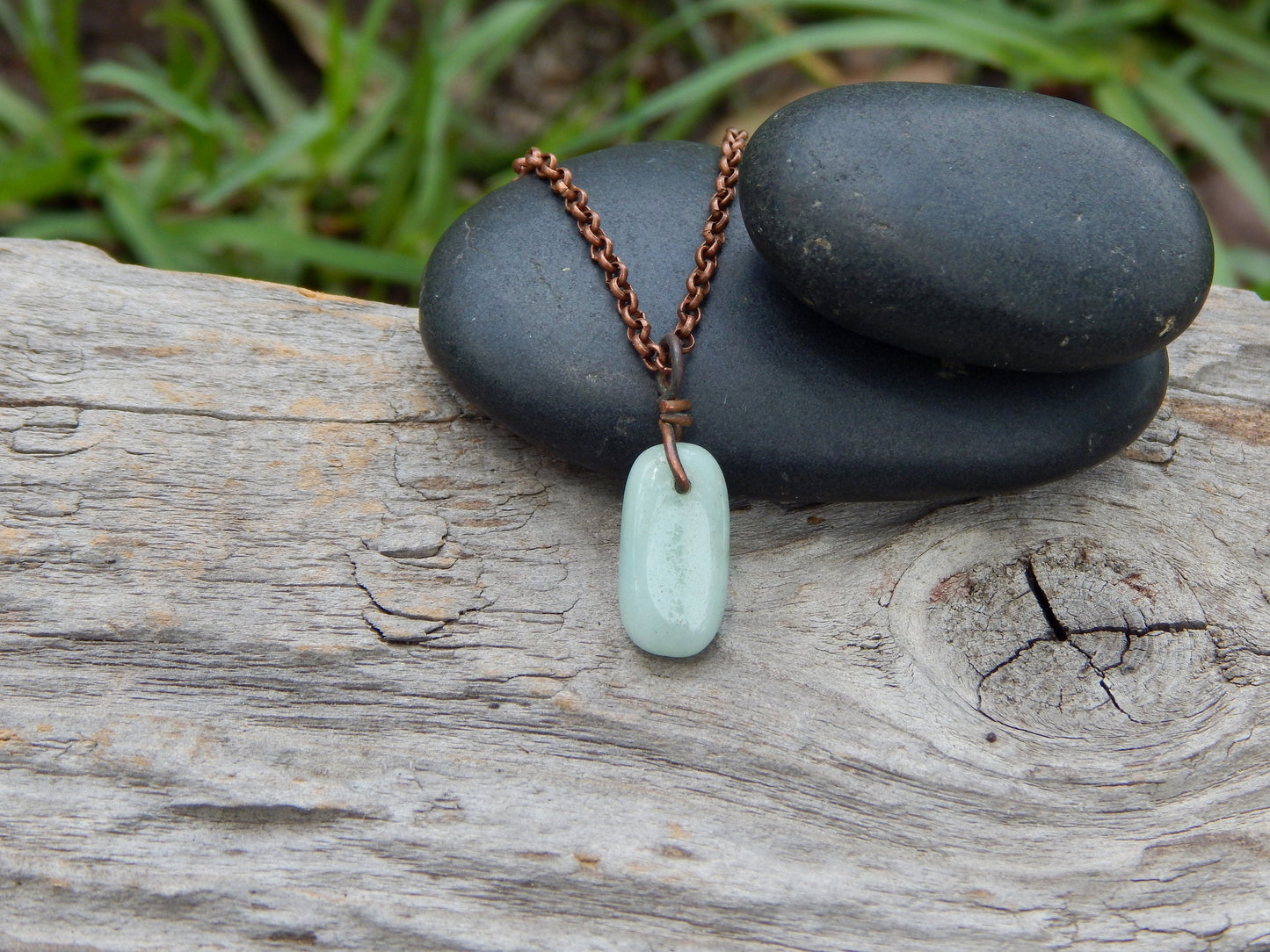 Dainty amazonite wire wrap pendant