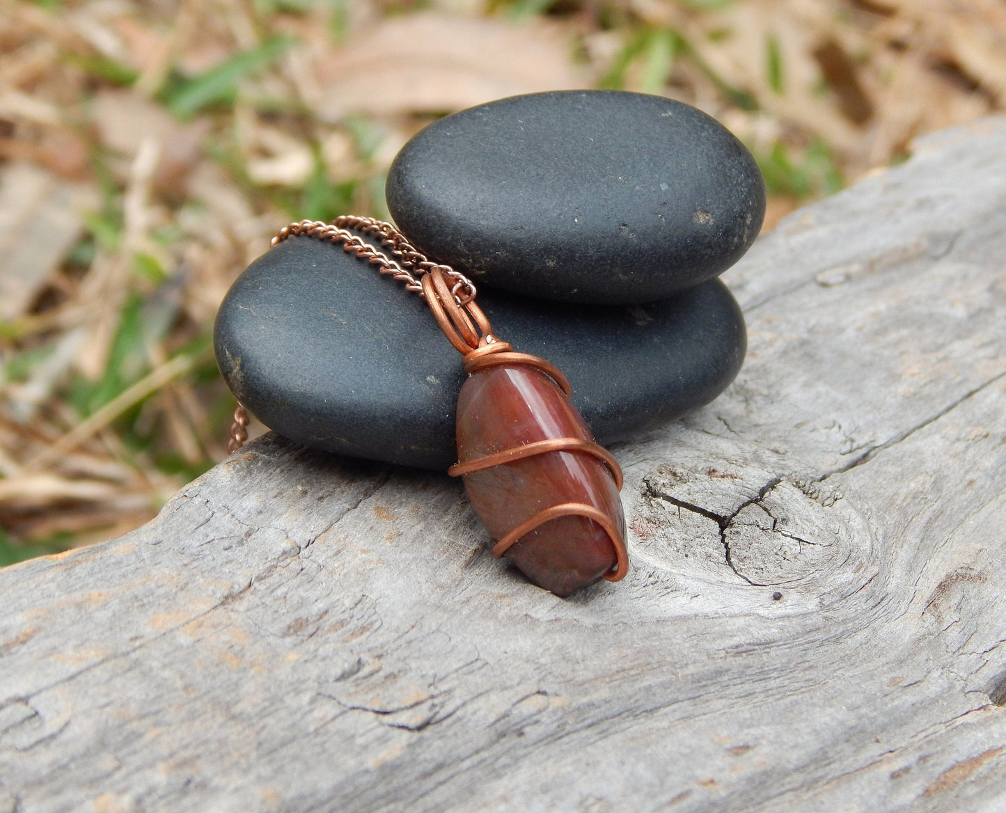 Earthy bloodstone jasper wire wrap pendant