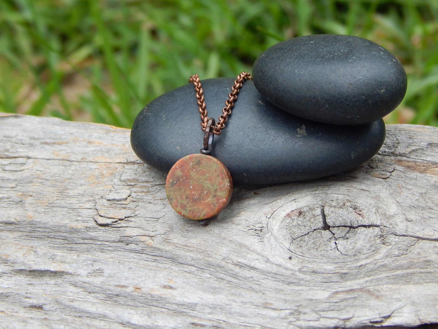 Unakite necklace, wire wrapped pendant, earthy jewelry, unique gift under 20, gemstone necklace, unakite jasper, minimalist pendant, earthy