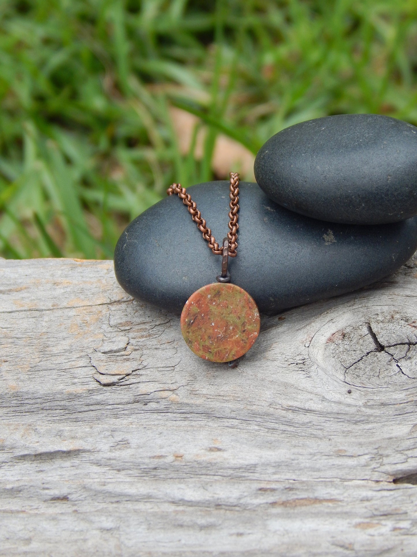 Unakite necklace, wire wrapped pendant, earthy jewelry, unique gift under 20, gemstone necklace, unakite jasper, minimalist pendant, earthy