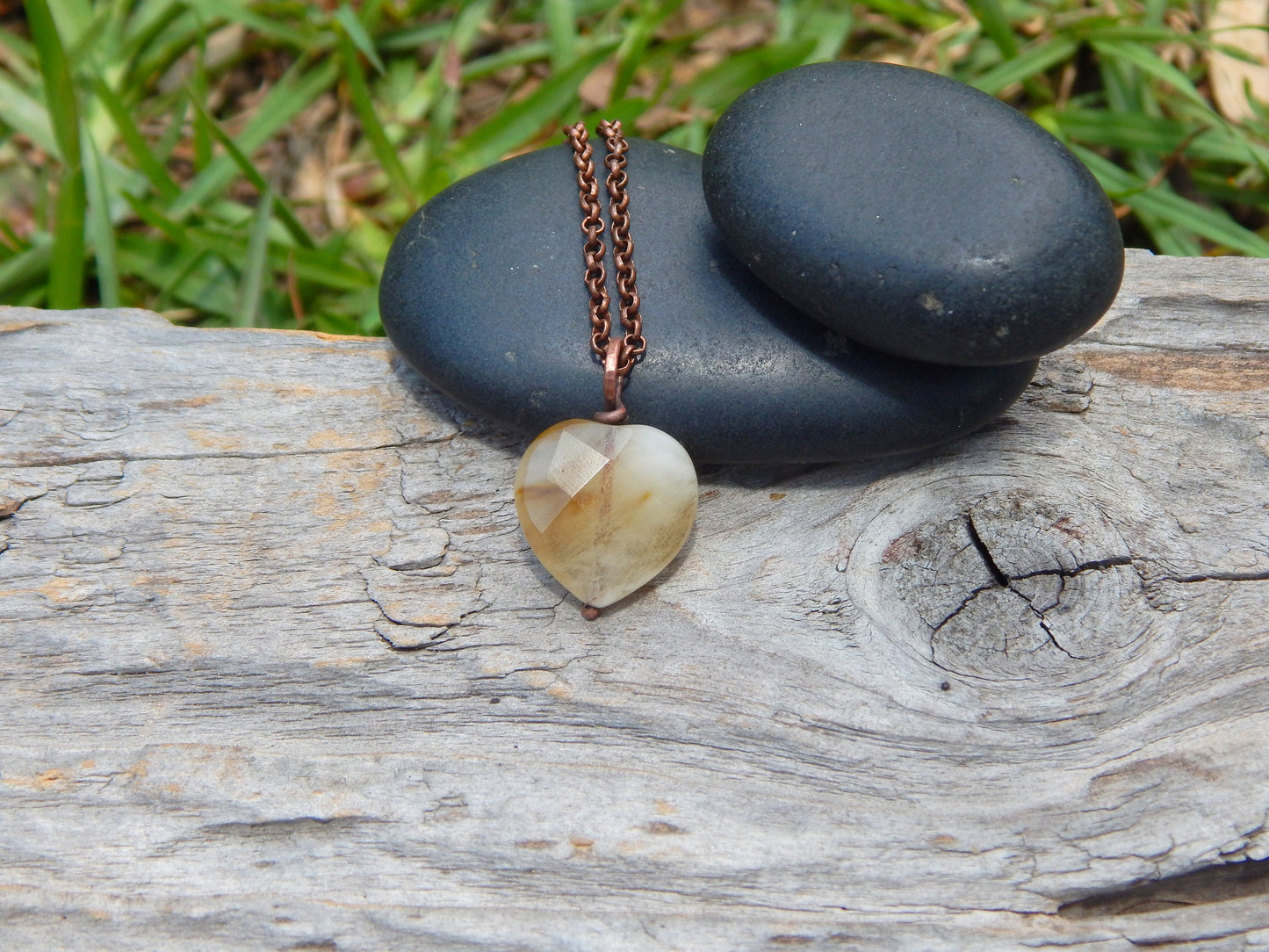 Glass heart necklace pendant, dainty pendant, heart jewelry, thinking of you gift under 10, small boho pendant, copper wire wrap, handmade