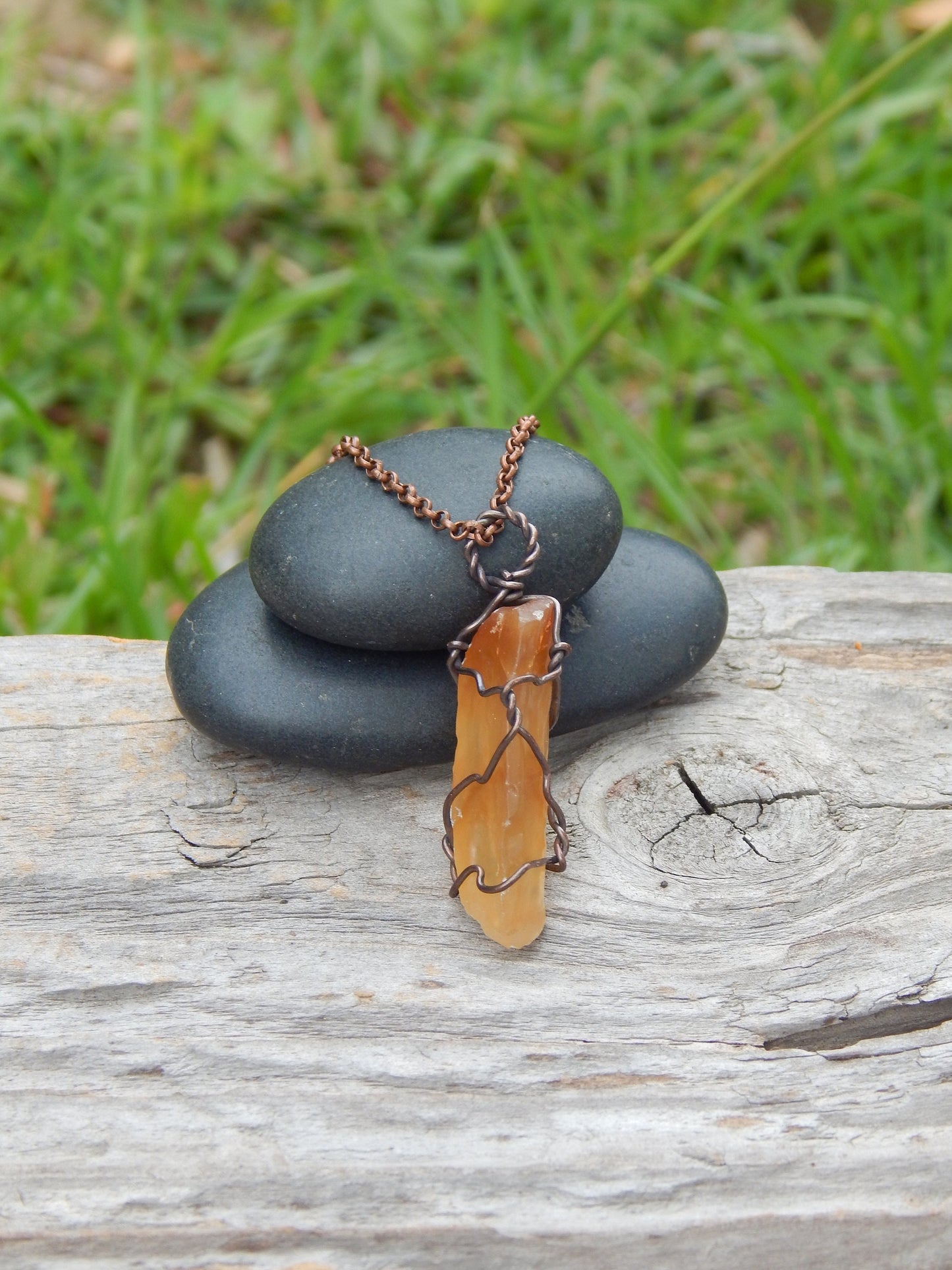Raw calcite crystal wire wrapped pendant