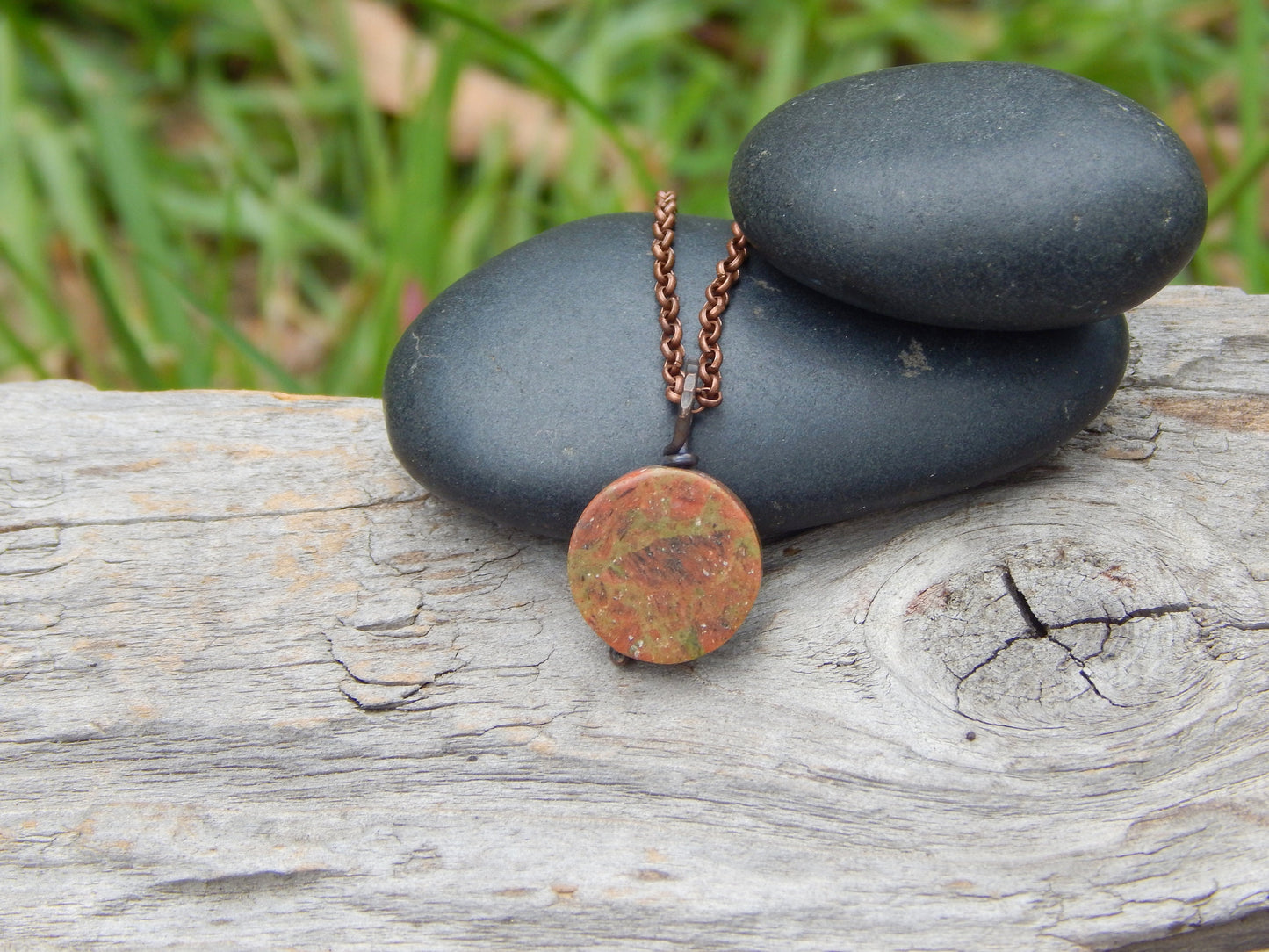 Unakite necklace, wire wrapped pendant, earthy jewelry, unique gift under 20, gemstone necklace, unakite jasper, minimalist pendant, earthy