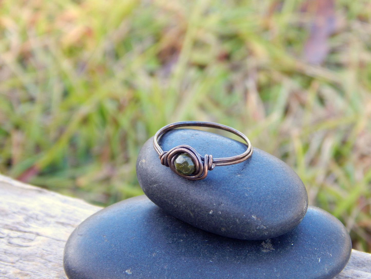 Unakite copper ring, size 9 ring, gemstone ring, simple ring, gift under 10, handmade copper ring, hammered copper, stacking ring, boho