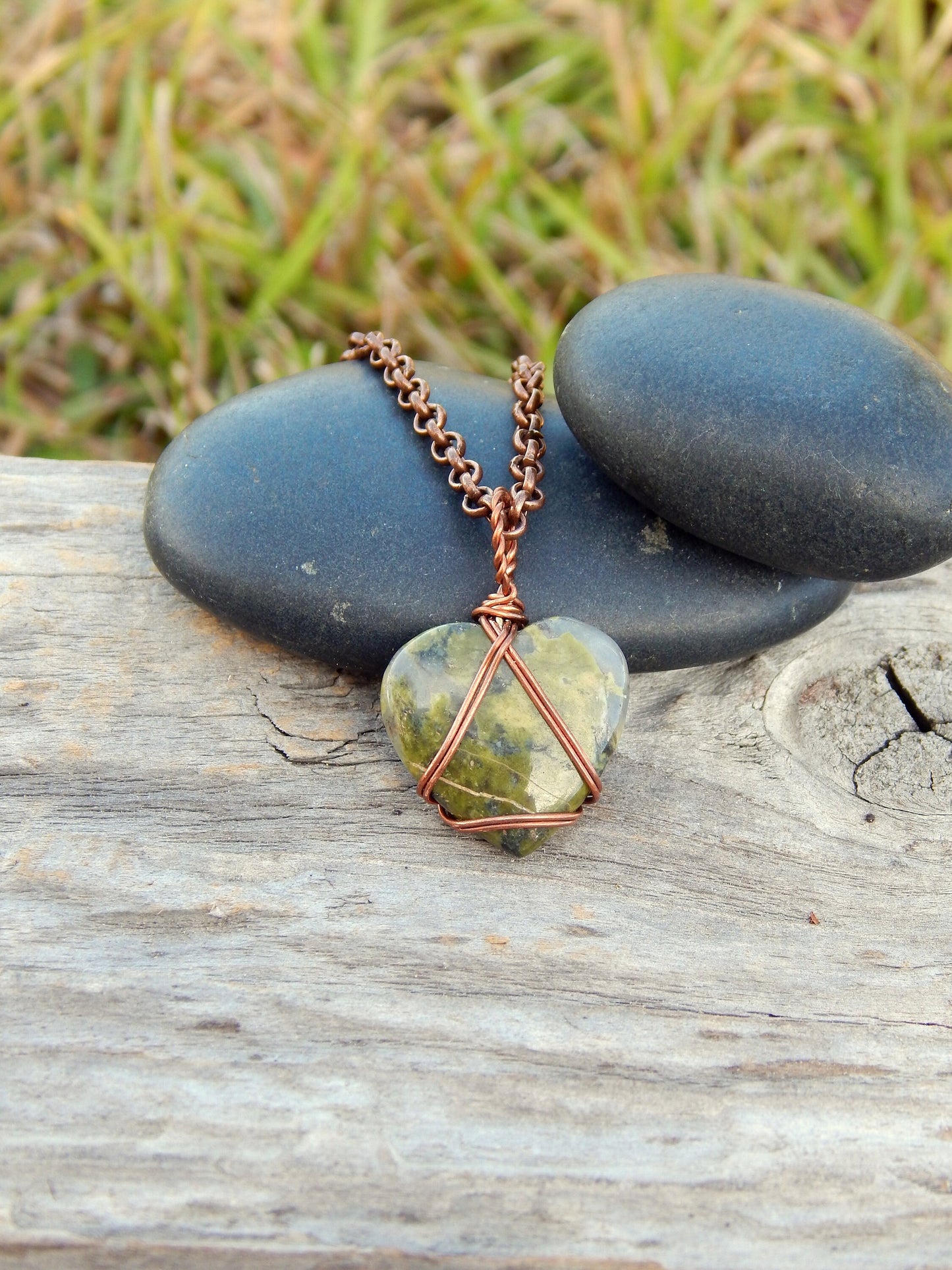 Unakite wire wrapped heart necklace pendant