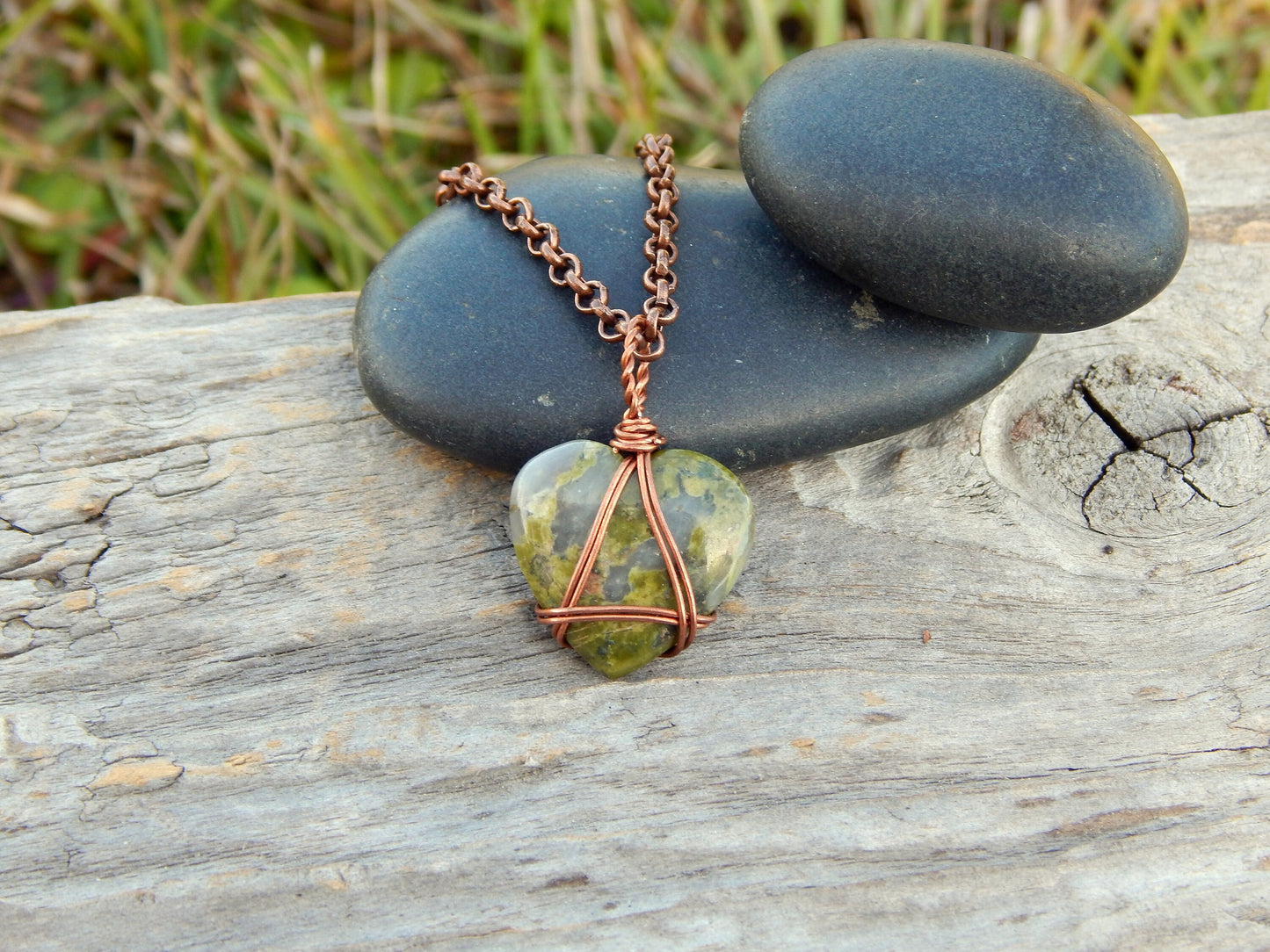Unakite wire wrapped heart necklace pendant