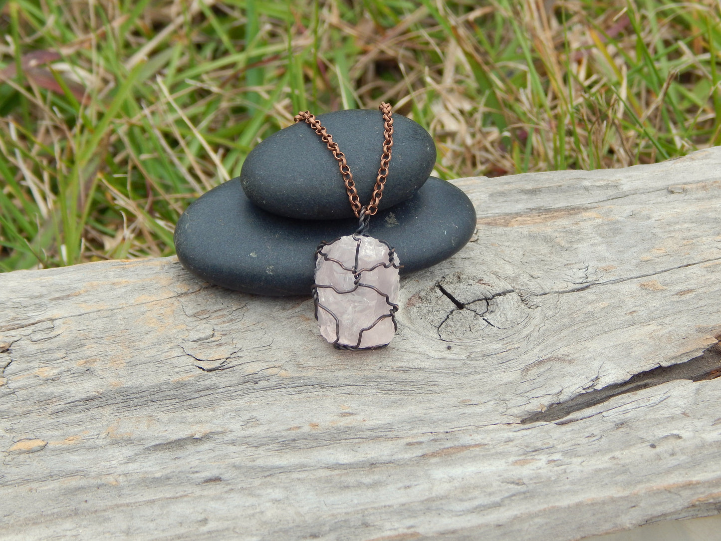 Raw rose quartz pendant, dainty pendant, layering necklace, unique gift, gift under 10, raw gemstone pendant, copper wire wrap, wire wrapped