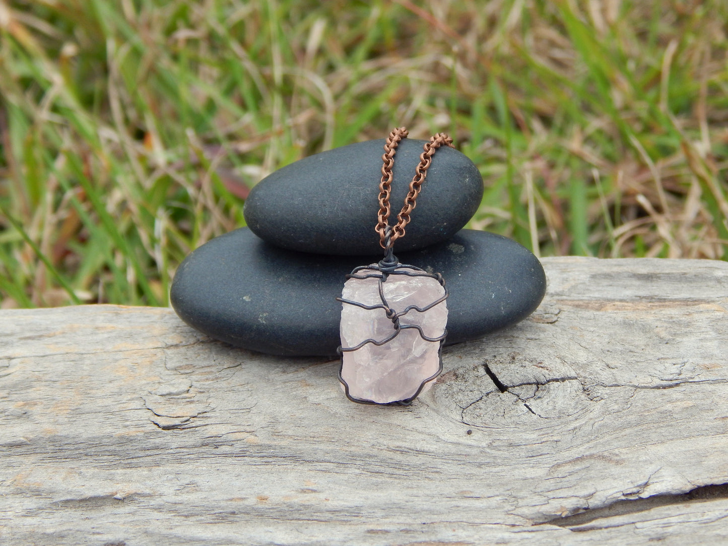 Raw rose quartz pendant, dainty pendant, layering necklace, unique gift, gift under 10, raw gemstone pendant, copper wire wrap, wire wrapped