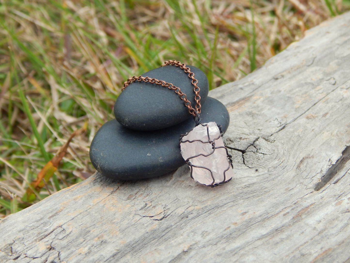 Raw rose quartz pendant, dainty pendant, layering necklace, unique gift, gift under 10, raw gemstone pendant, copper wire wrap, wire wrapped