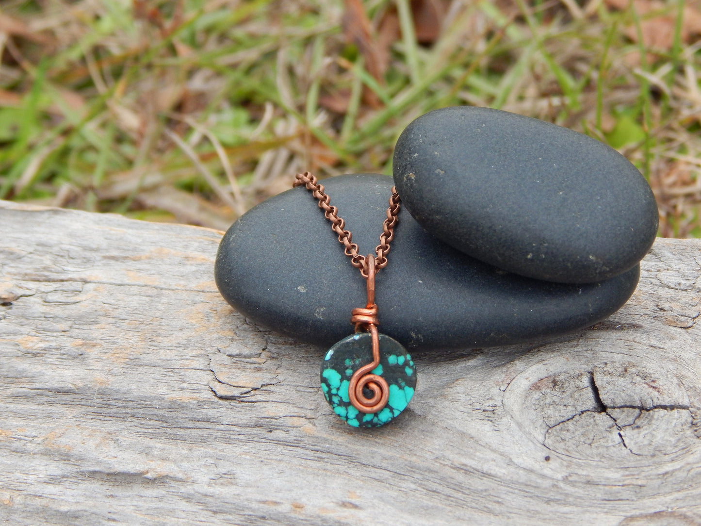 Turquoise and copper wire wrap necklace pendant