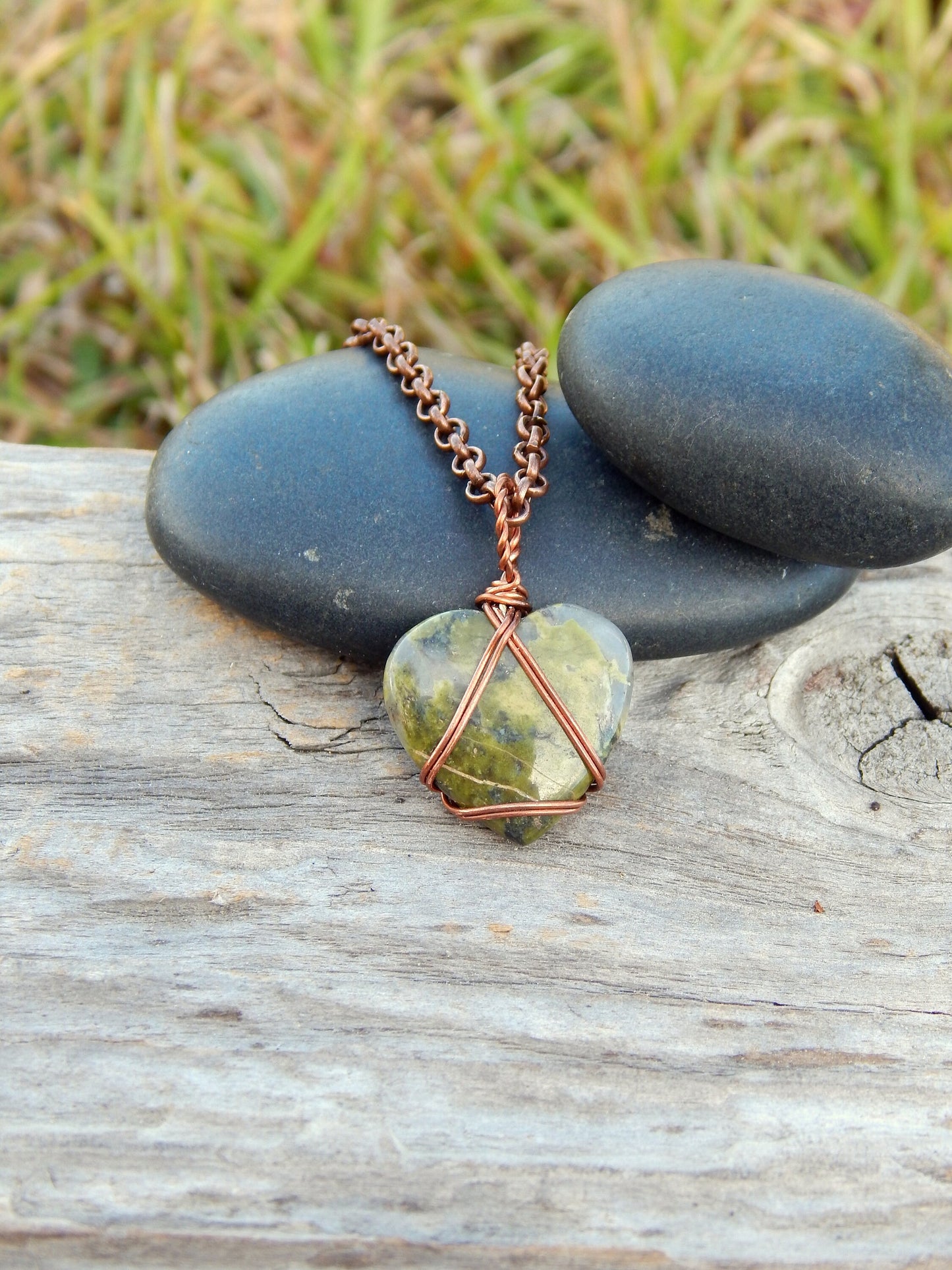 Unakite wire wrapped heart necklace pendant