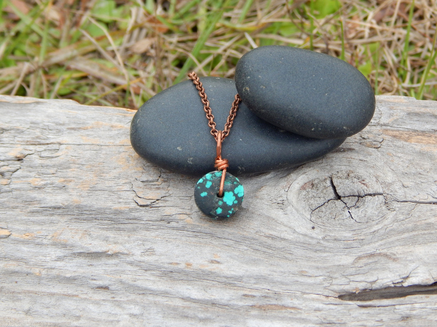 Turquoise and copper wire wrap necklace pendant