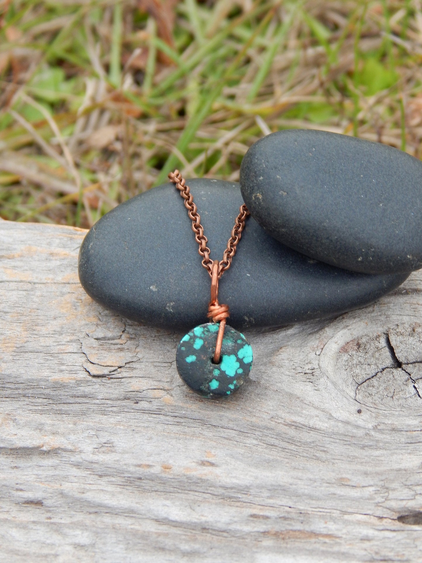 Turquoise and copper wire wrap necklace pendant