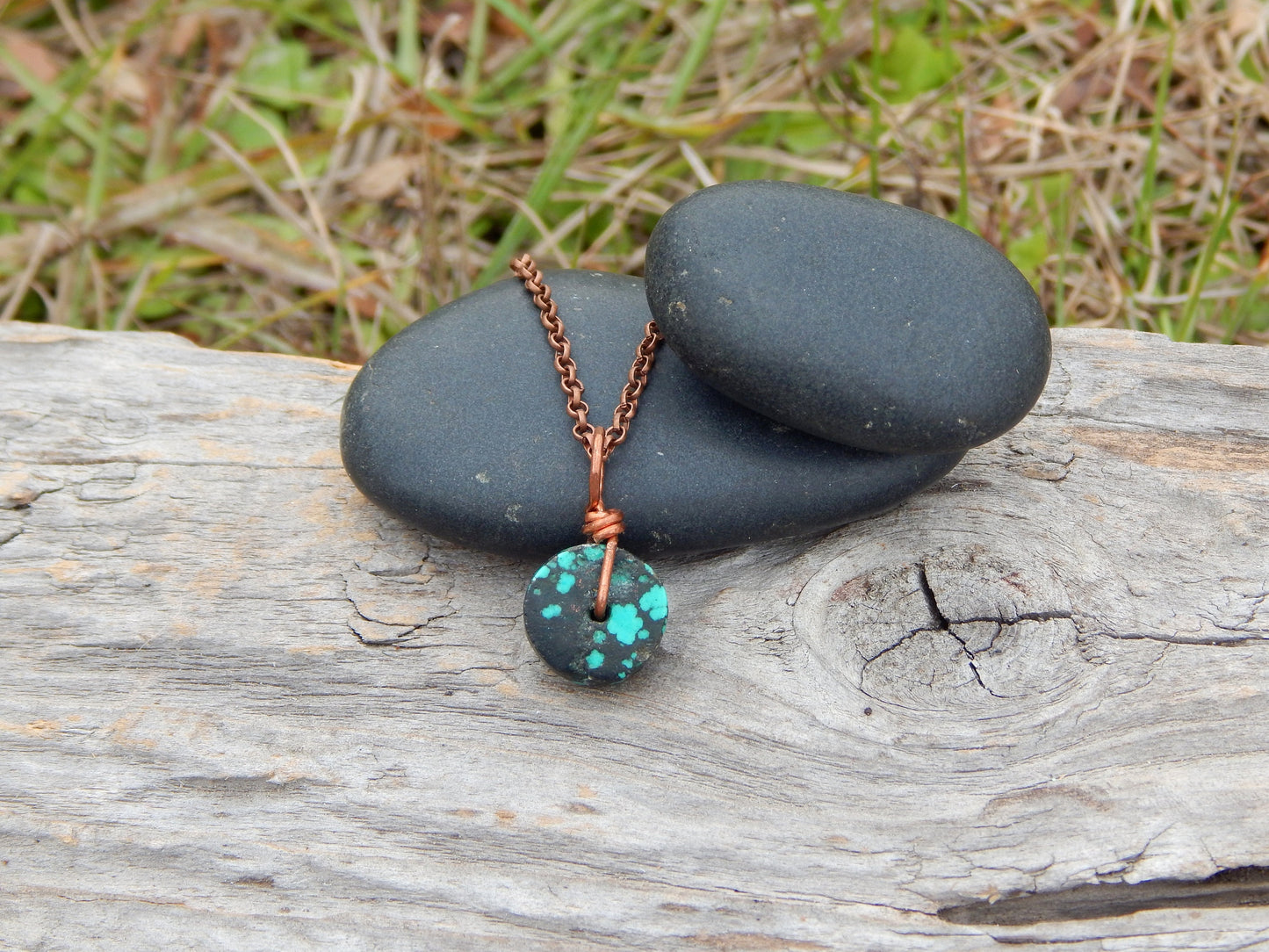Turquoise and copper wire wrap necklace pendant