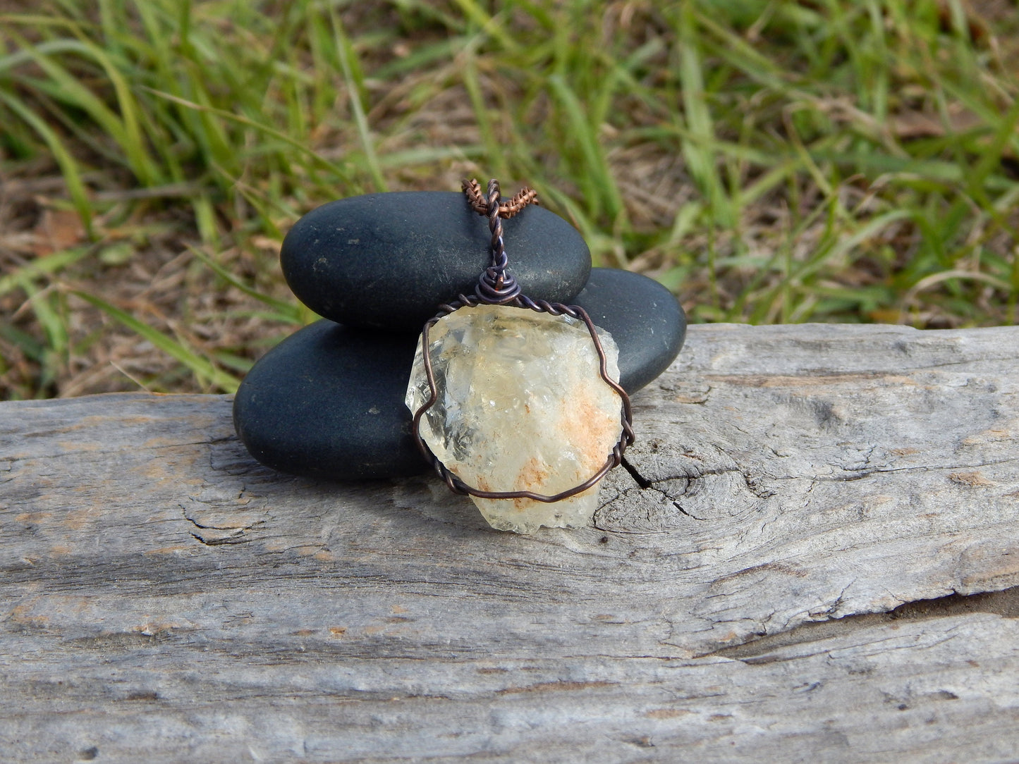 Natural citrine copper wire wrap pendant