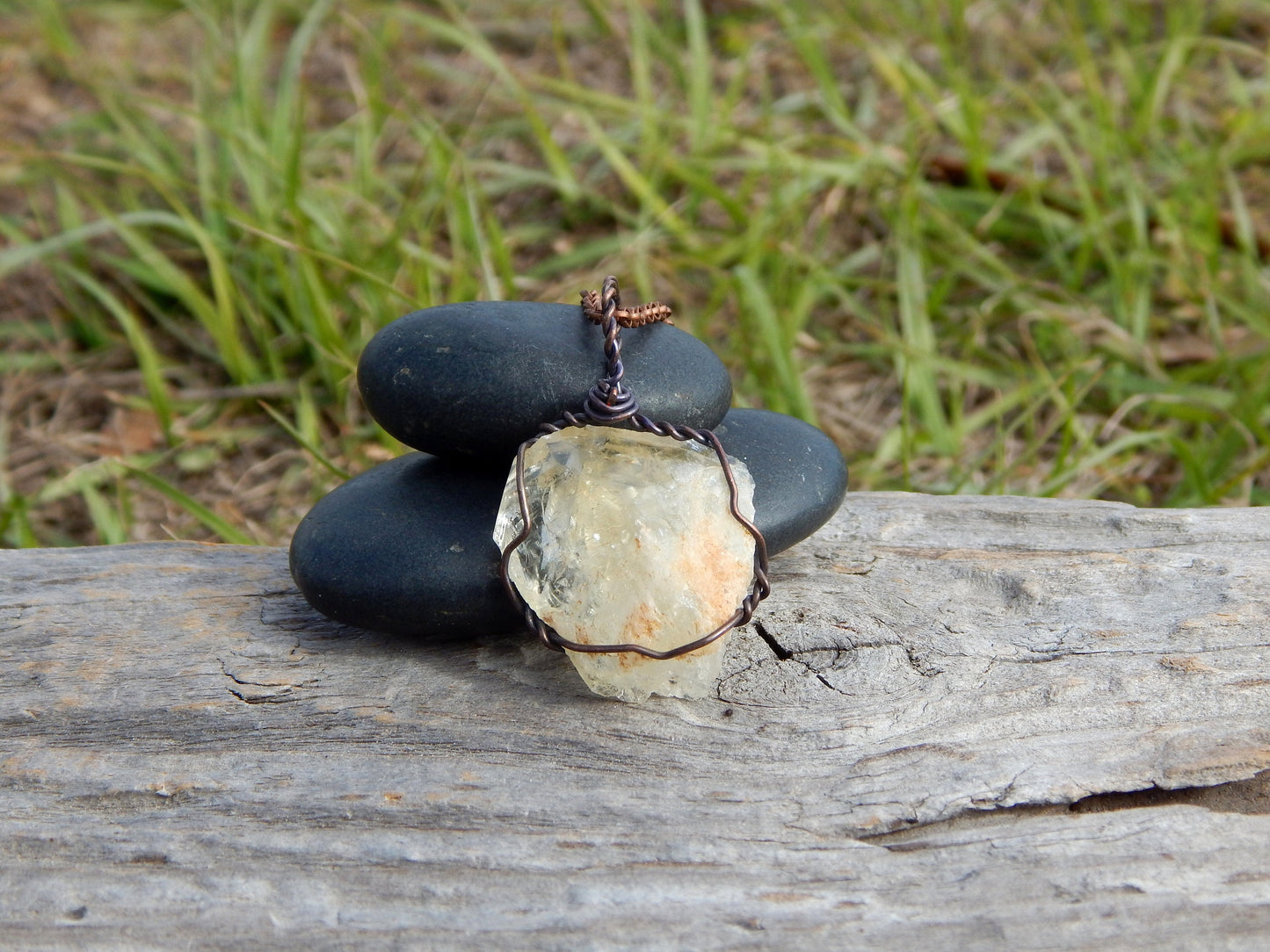 Natural citrine copper wire wrap pendant