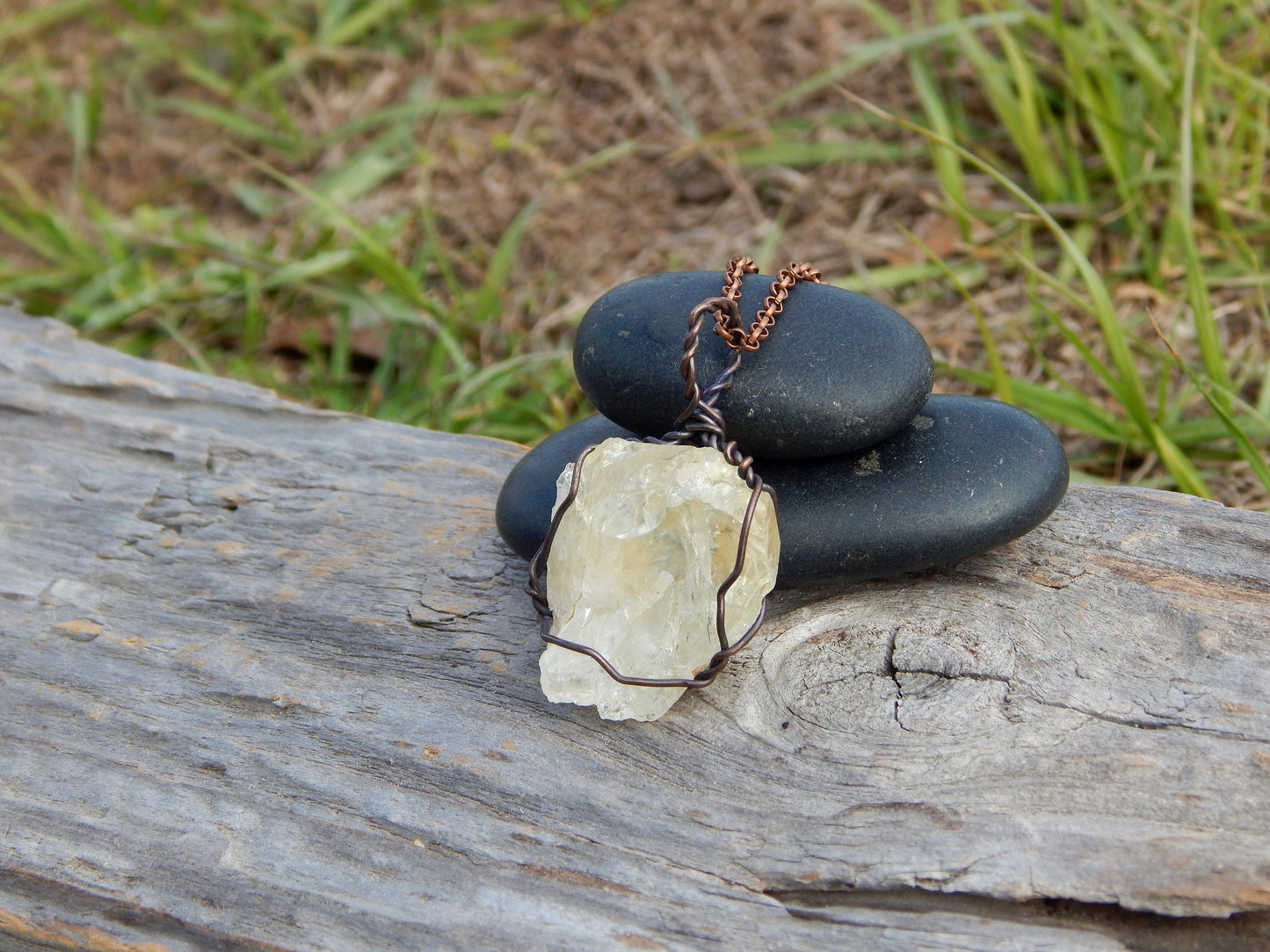 Natural citrine copper wire wrap pendant