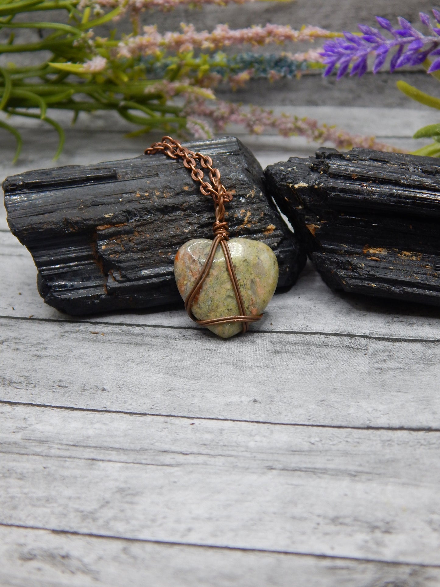 Copper wire wrap unakite heart pendant