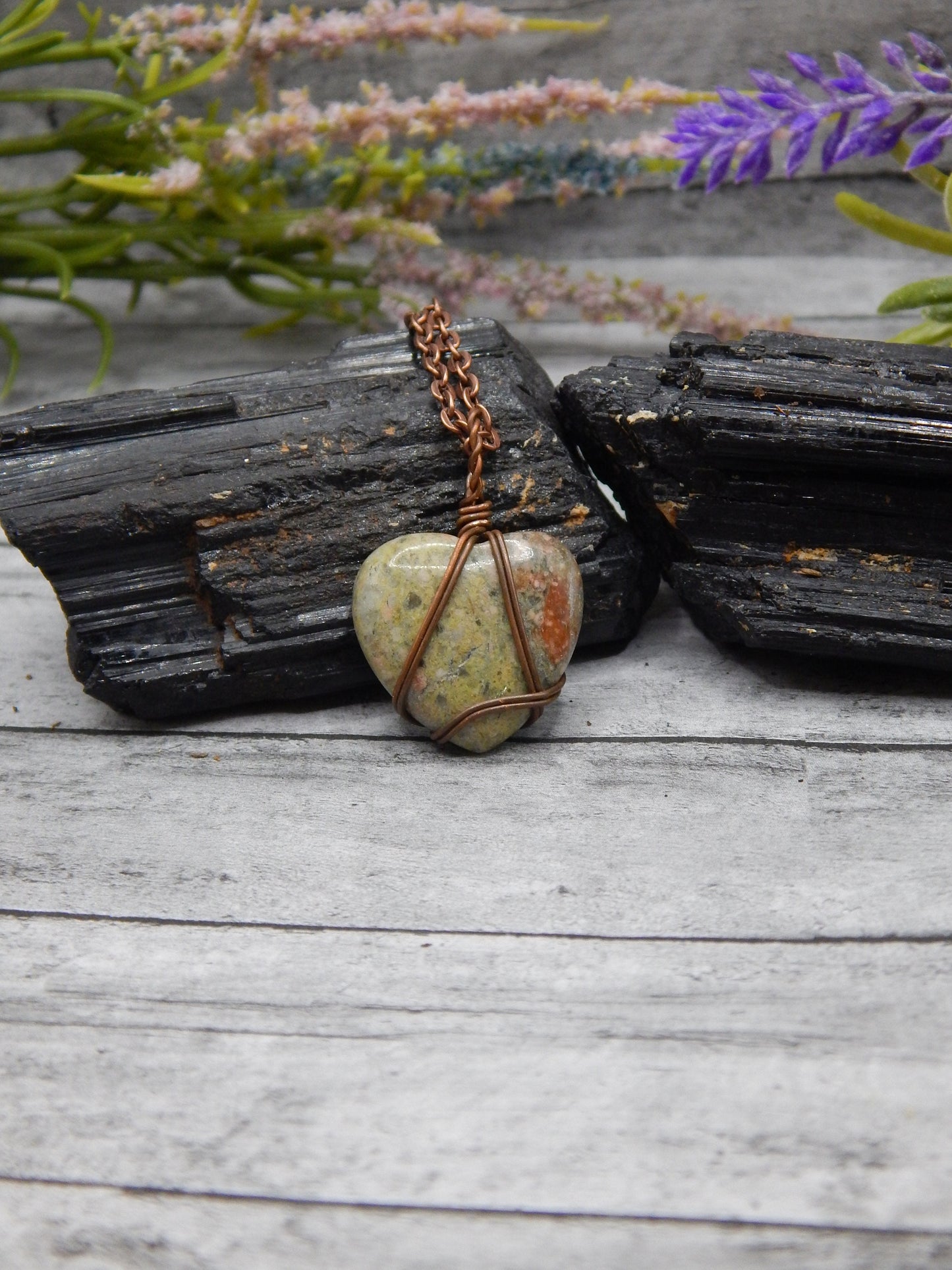Copper wire wrap unakite heart pendant