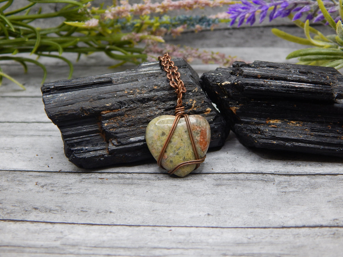Copper wire wrap unakite heart pendant
