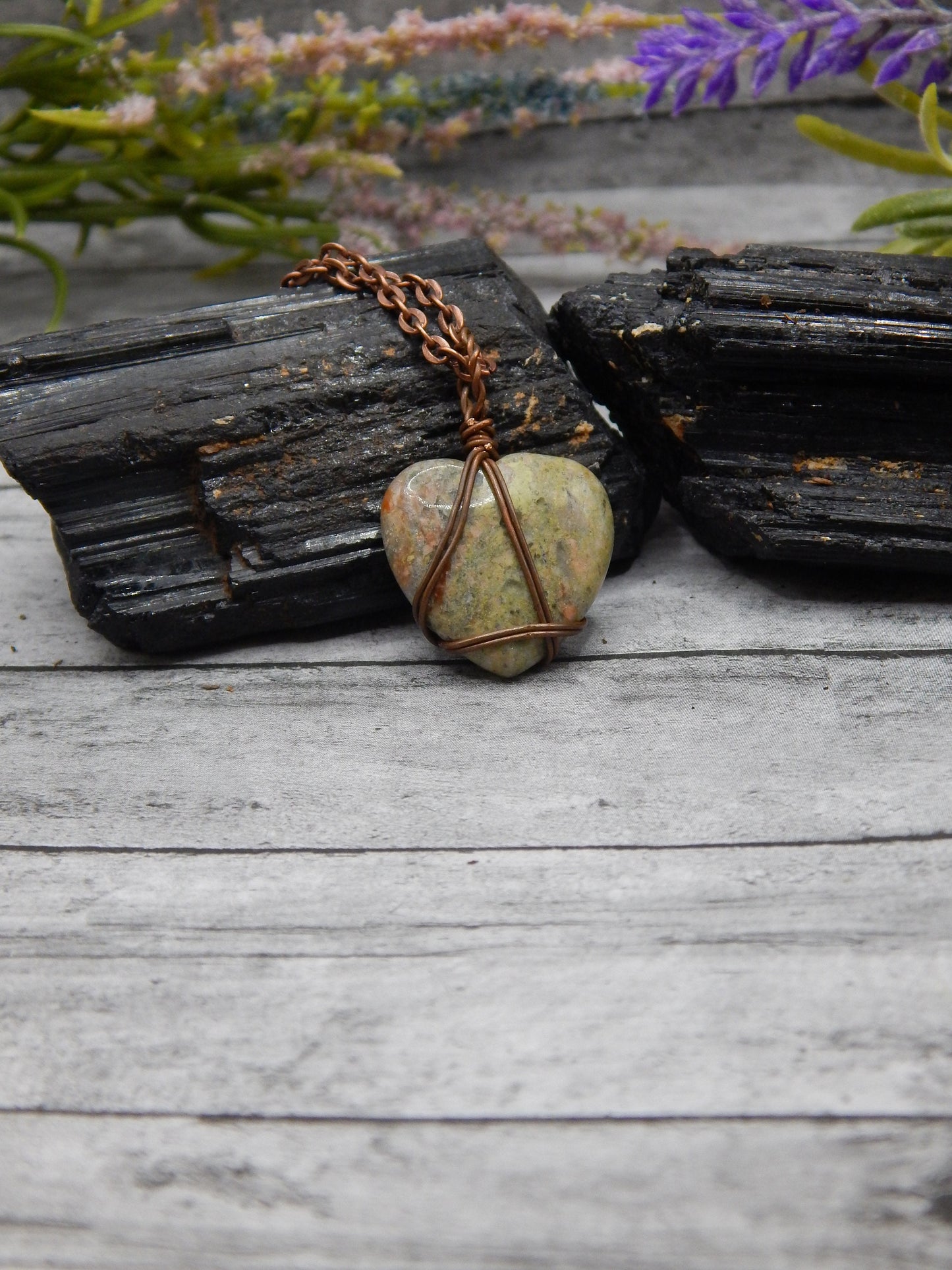 Copper wire wrap unakite heart pendant