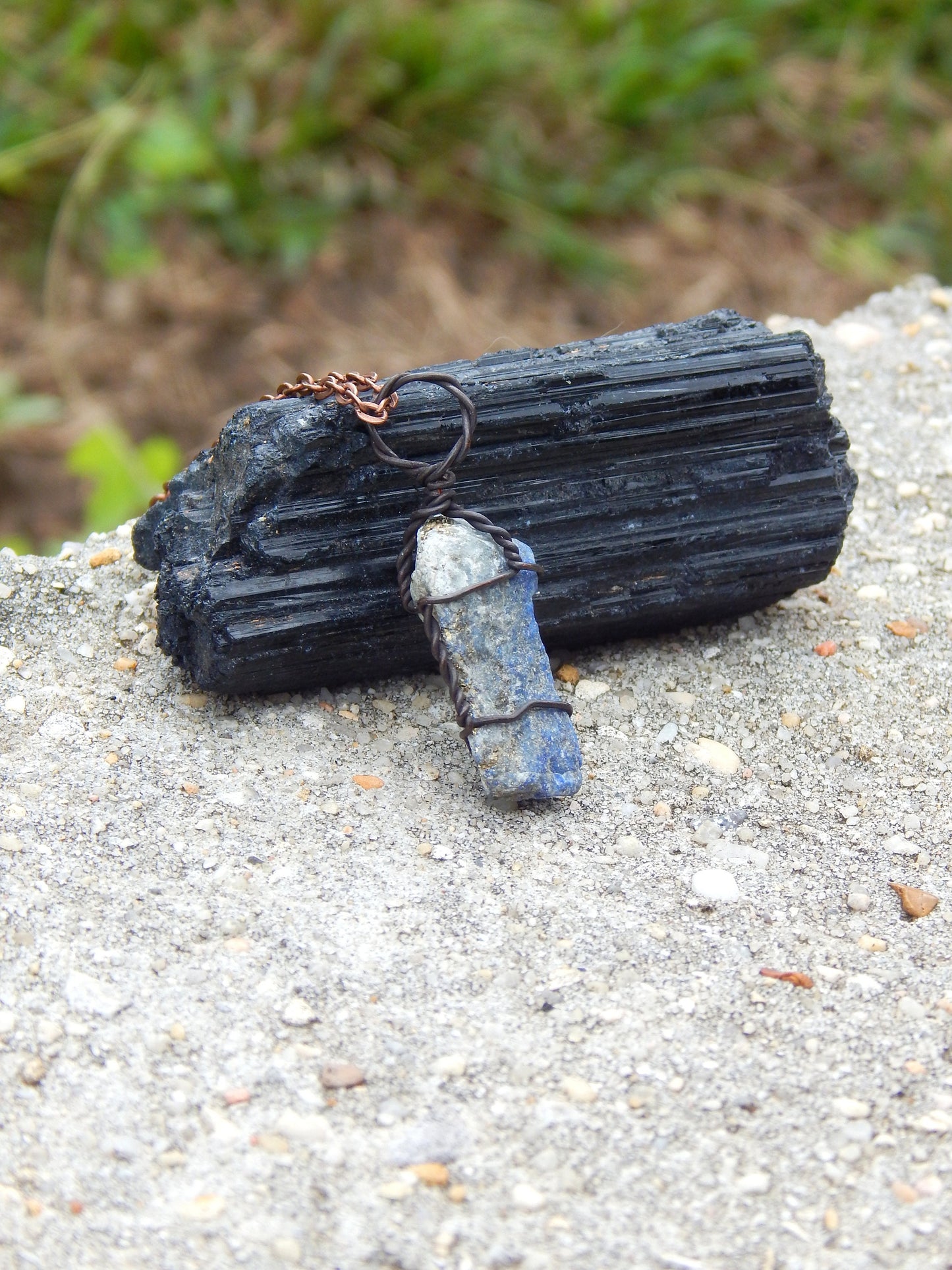 Wire wrapped raw lapis lazuli pendant