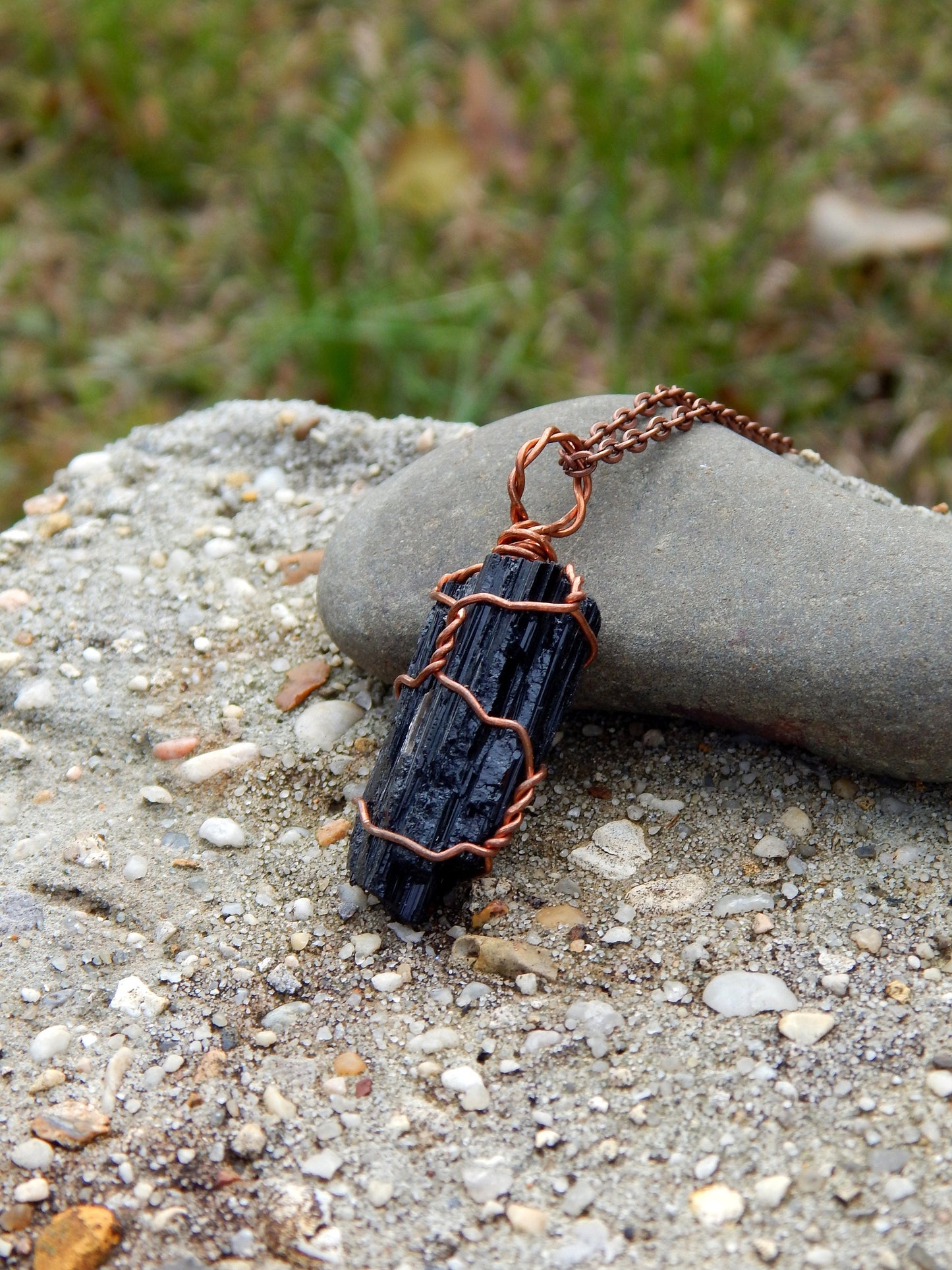 Black tourmaline copper wire wrap necklace pendant