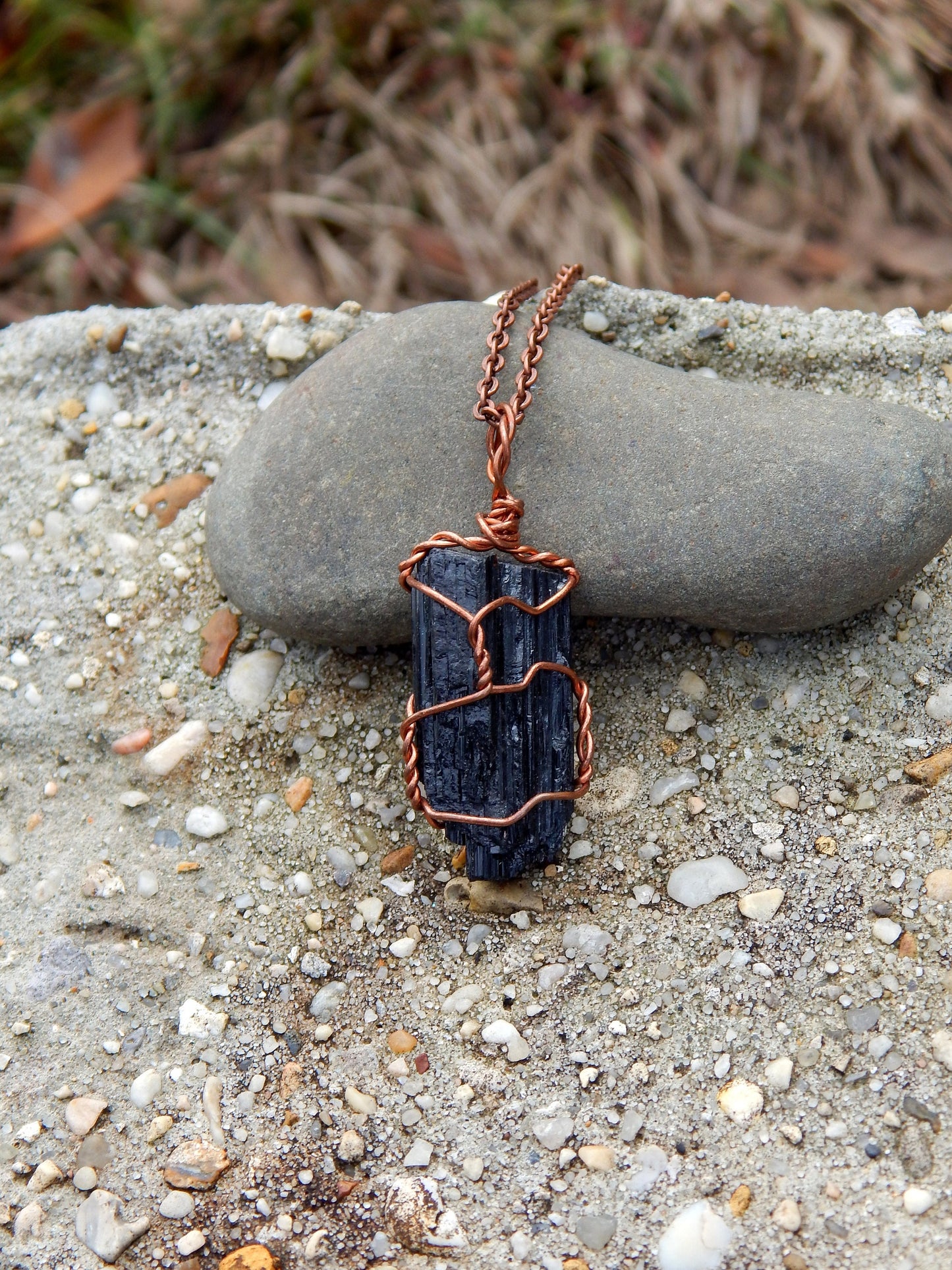 Black tourmaline copper wire wrap necklace pendant