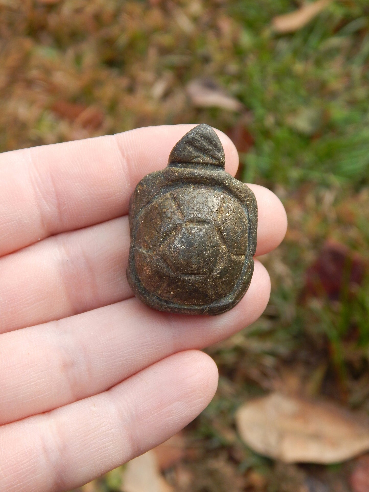 Iron pyrite crystal turtle carving