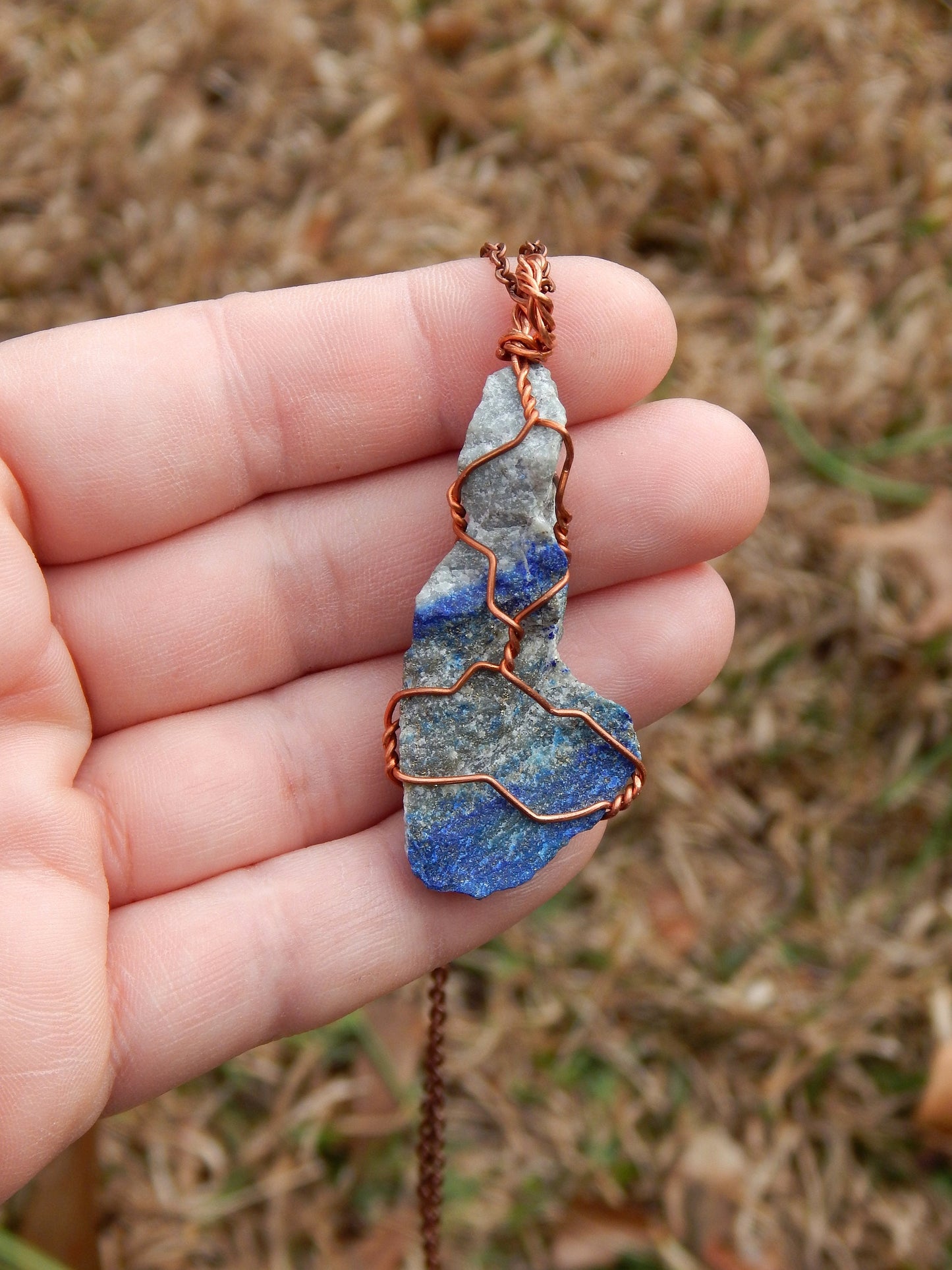 Raw lapis lazuli wire wrap pendant