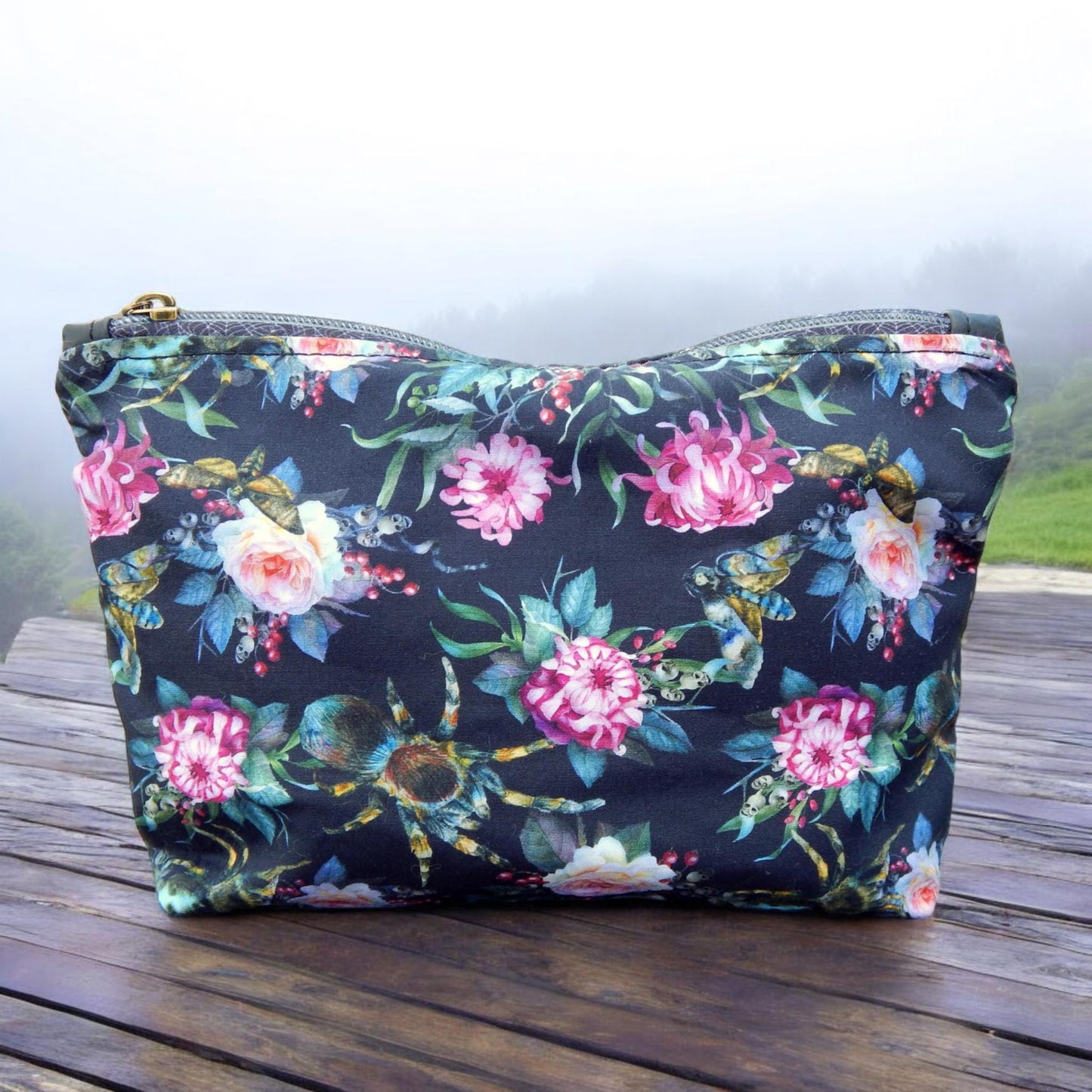 Floral spider, makeup bag, zippered pouch, toiletry bag, gift under 25, ready to ship, gothic bag, witchy bag, tarantula bag, halloween