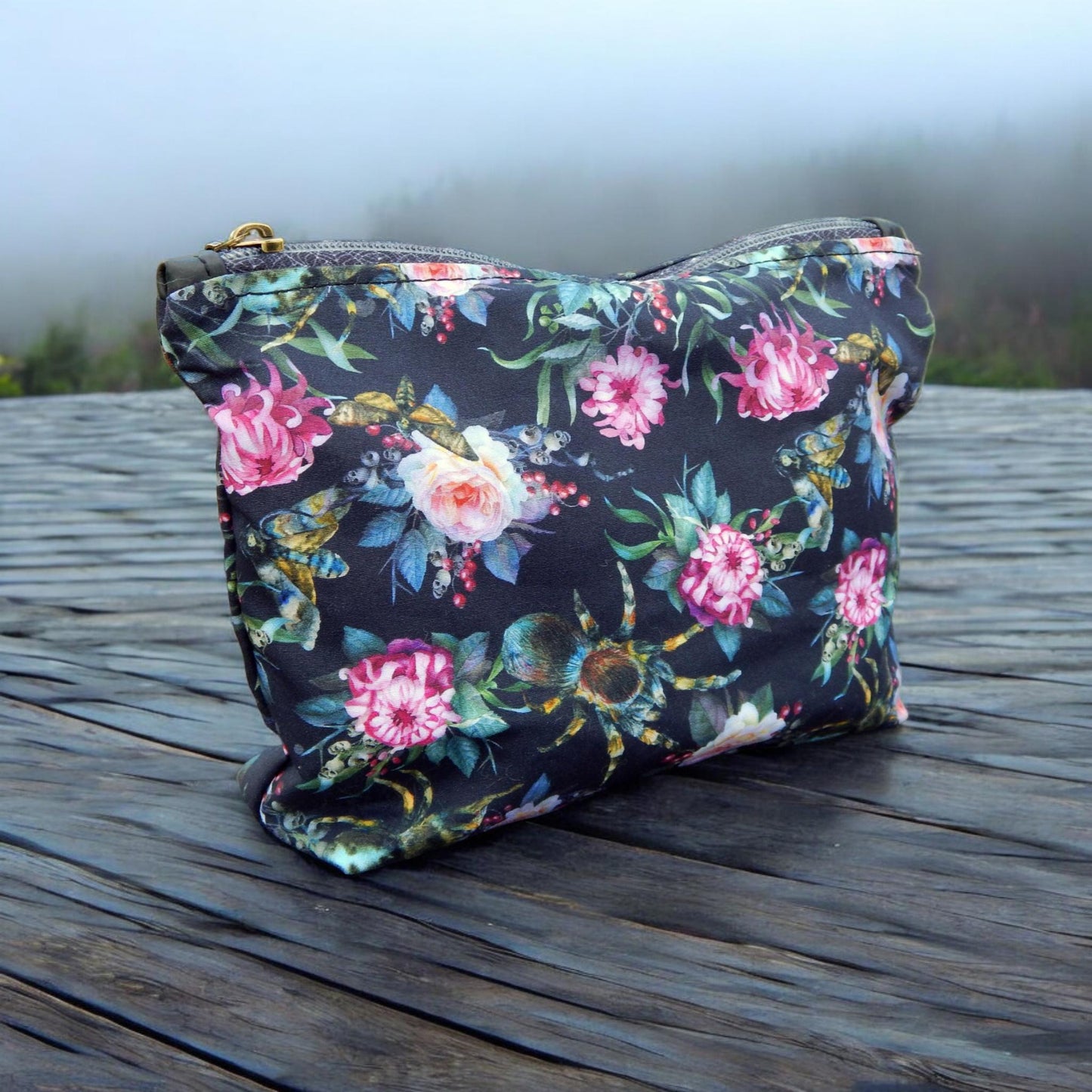 Floral spider, makeup bag, zippered pouch, toiletry bag, gift under 25, ready to ship, gothic bag, witchy bag, tarantula bag, halloween