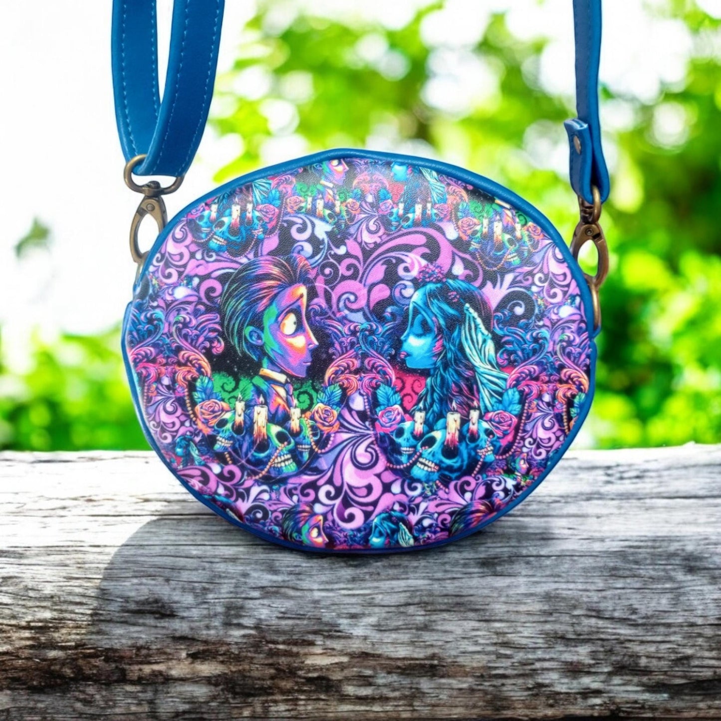 Halloween bride round crossbody, psychedelic bag, Halloween wedding, ready to ship, handmade purse, custom print, unique gift for her
