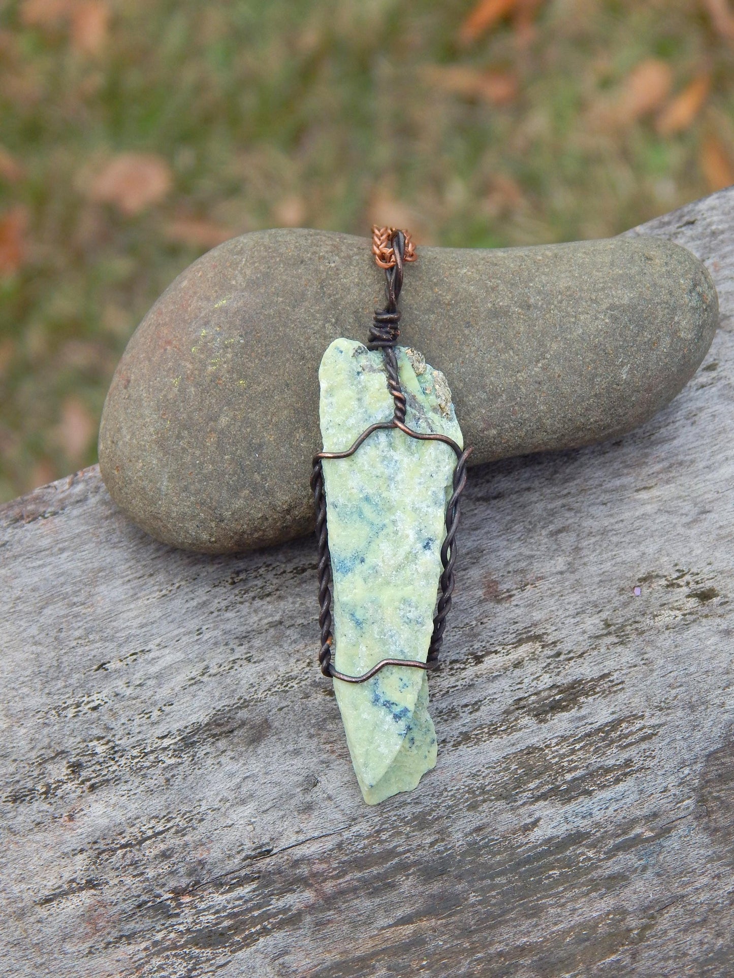 Raw serpentine copper wire wrap pendant