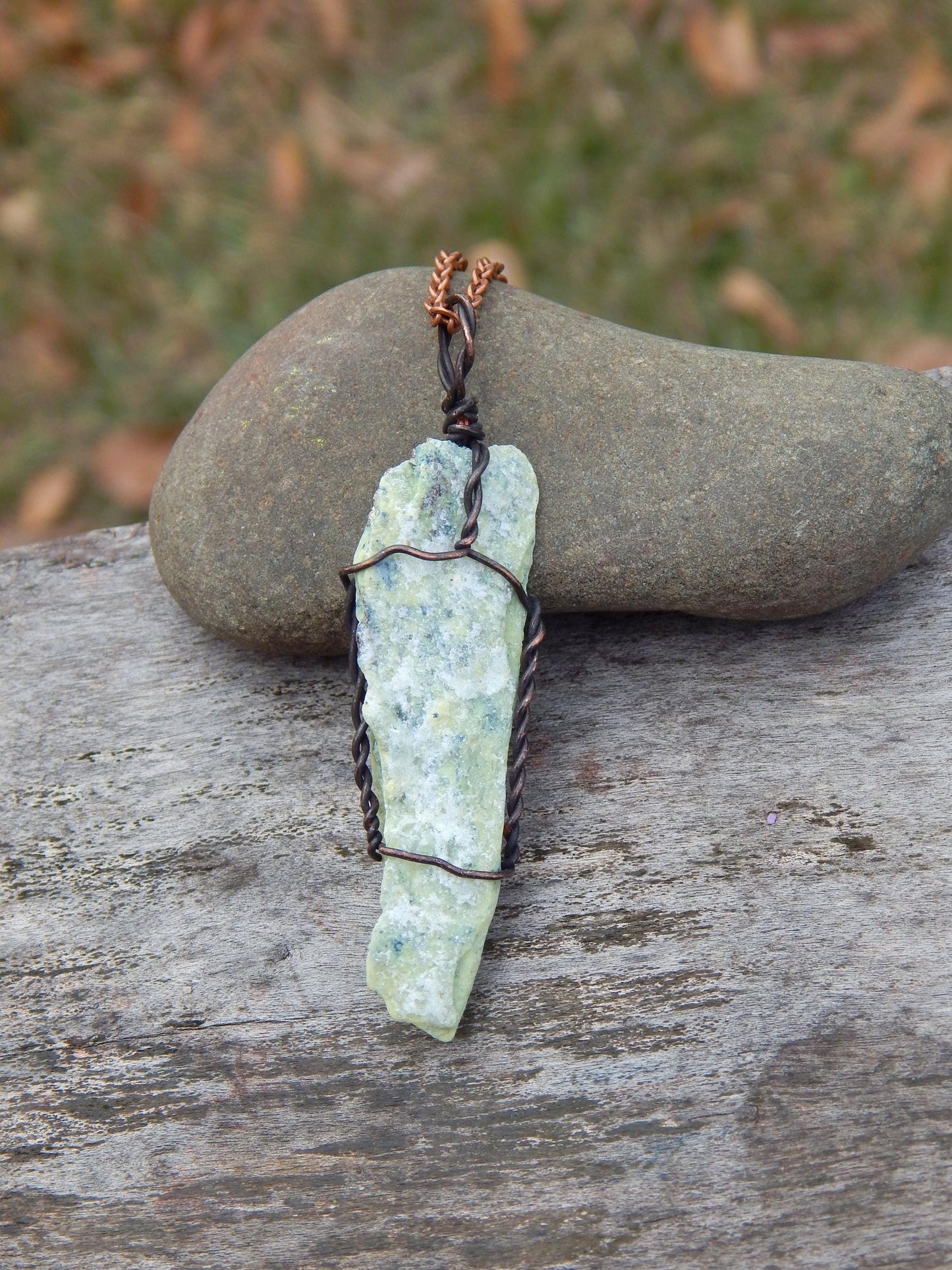 Raw serpentine copper wire wrap pendant