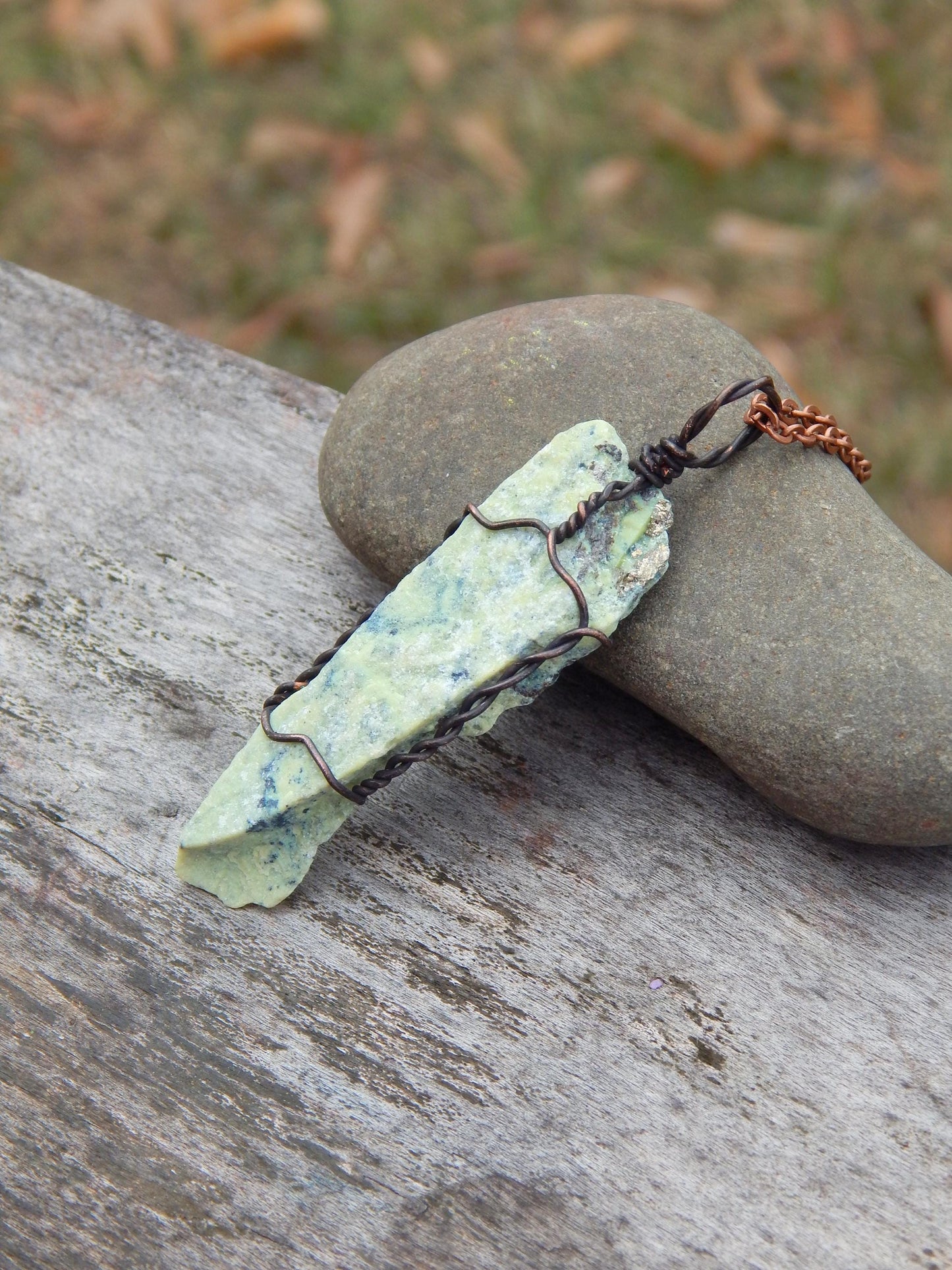 Raw serpentine copper wire wrap pendant