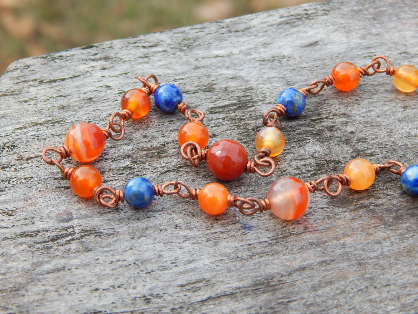 Carnelian and lapis beaded copper chain